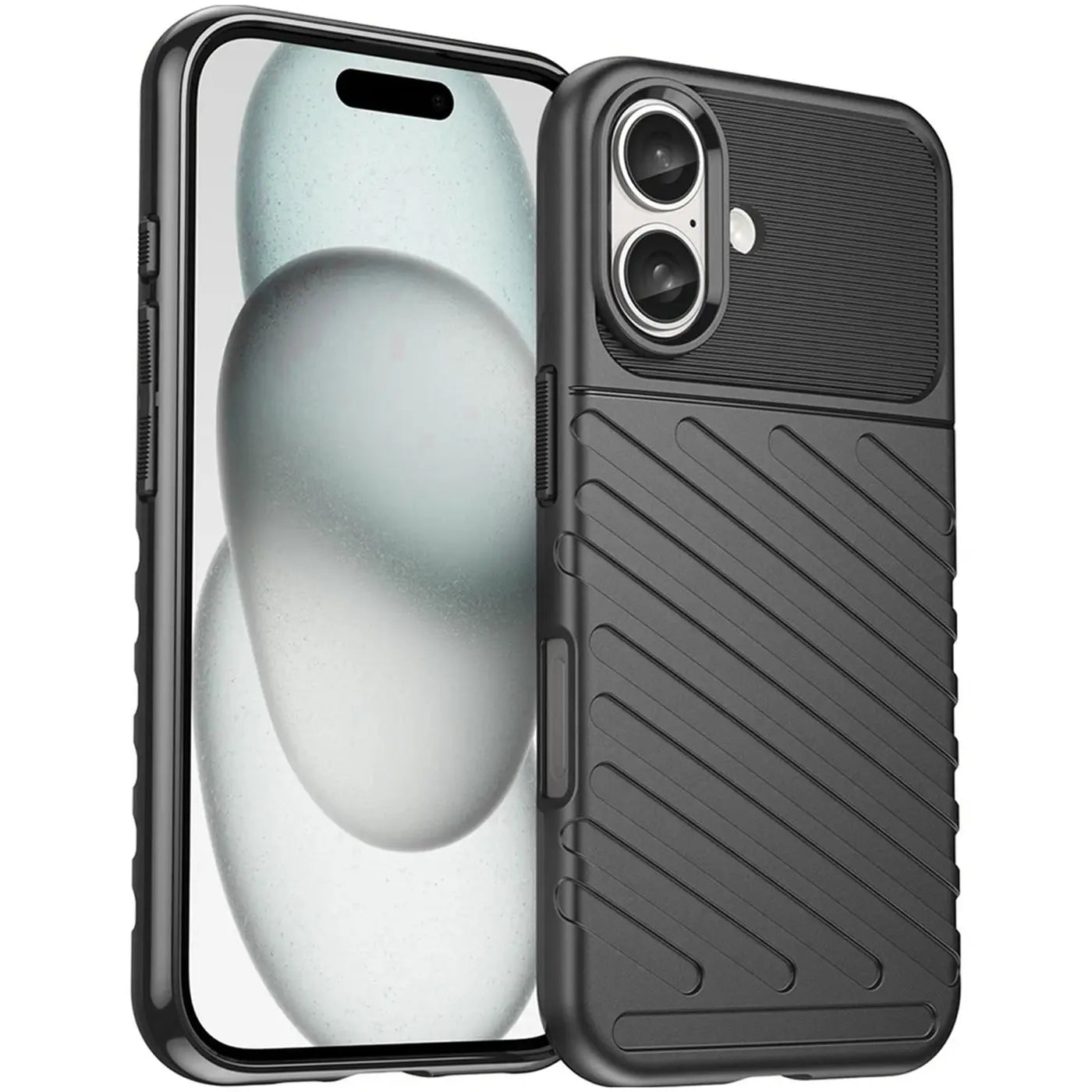 Schwarze Handyhülle aus Kunststoff, seitliche Ansicht, zeigt iPhone 16 mit Rückkamera.