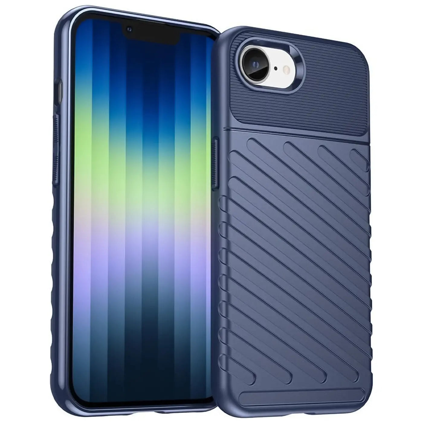 Dunkelblaue Handyhülle aus Kunststoff, schräg von vorne, mit iPhone 16e