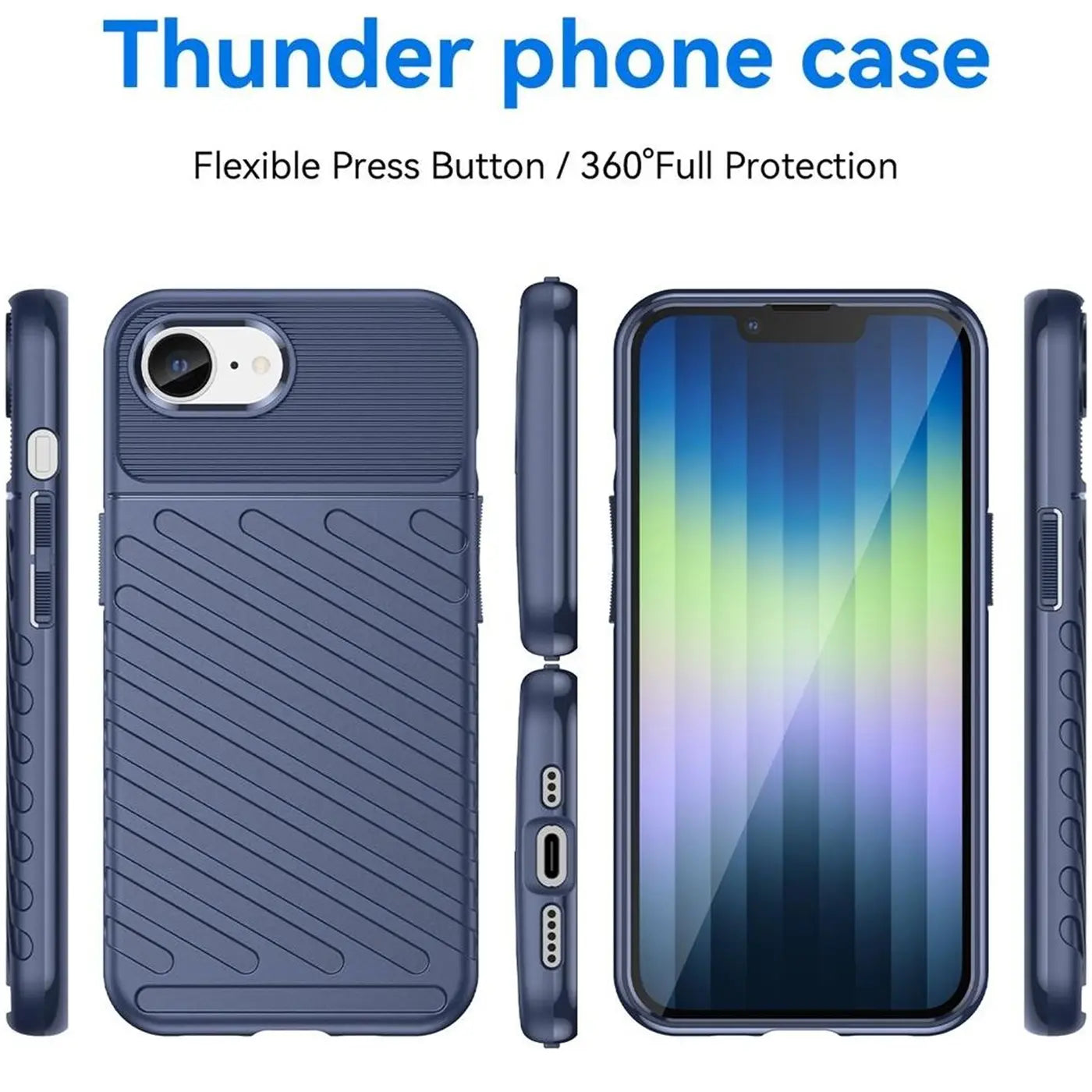 Dunkelblaue Handyhülle aus Kunststoff, verschiedene Ansichten, mit iPhone 16e