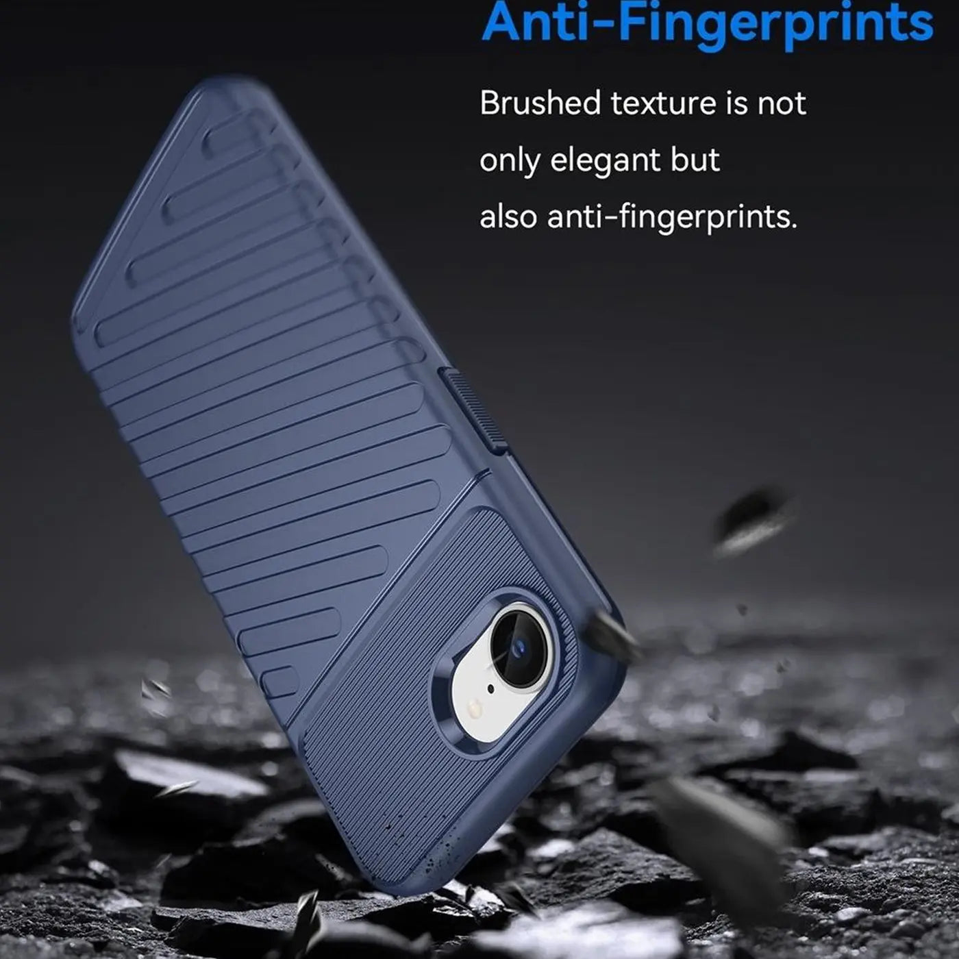Dunkelblaue Handyhülle aus Kunststoff, von unten links, mit Kameraaussparung für iPhone 16e.