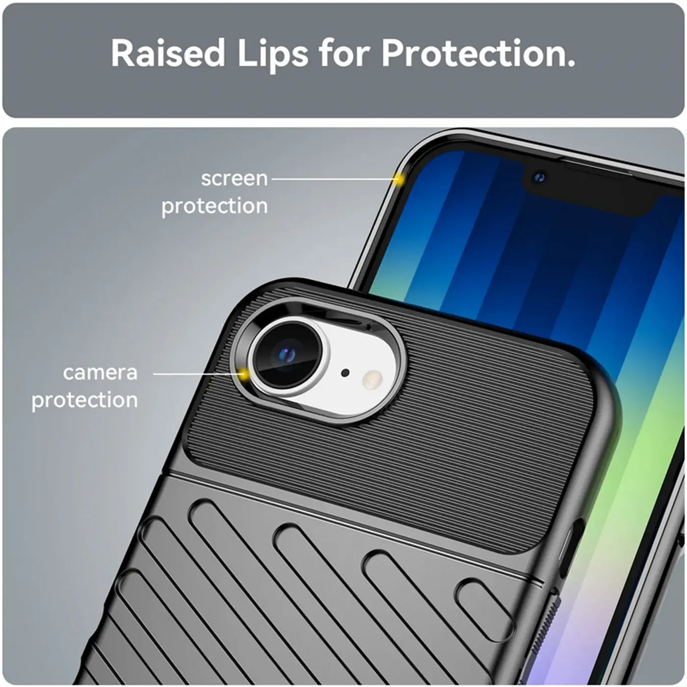 Schwarze Handyhülle aus Gummi mit Rillenmuster, Nahaufnahme, zeigt iPhone 16e mit Kamera- und Displayschutz.