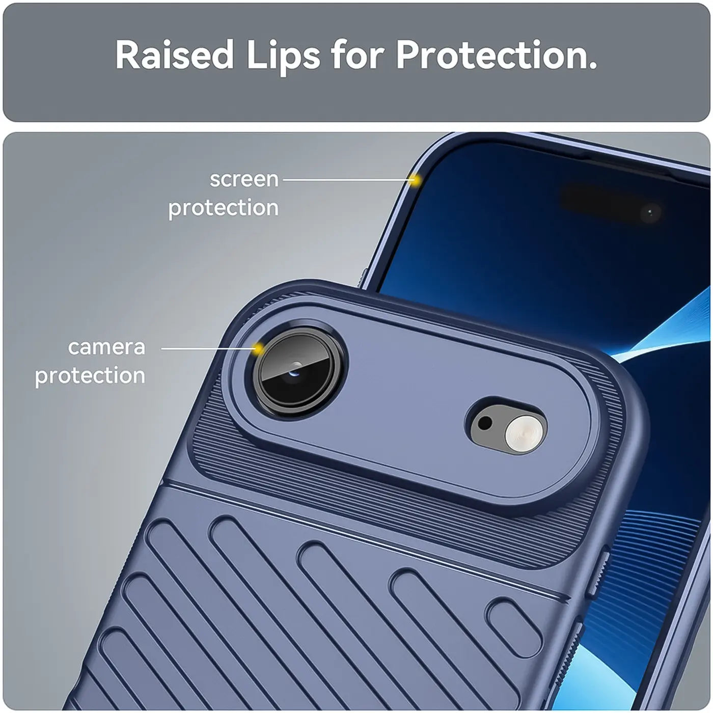 Blaue Handyhülle aus Kunststoff, Nahaufnahme, zeigt Kamera- und Bildschirmschutz an einem iPhone.