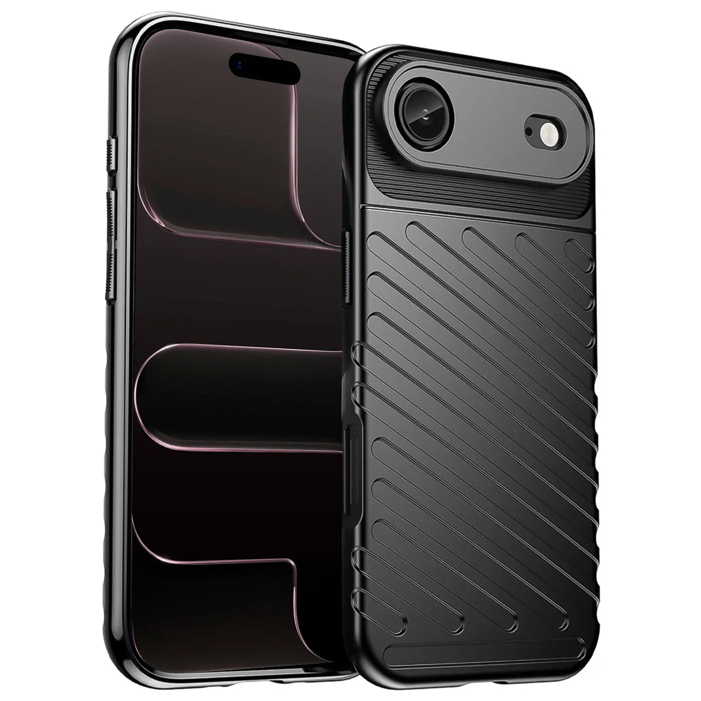 Schwarze Handyhülle aus Kunststoff mit Rillenmuster, von vorne links, zeigt iPhone 17 Air.