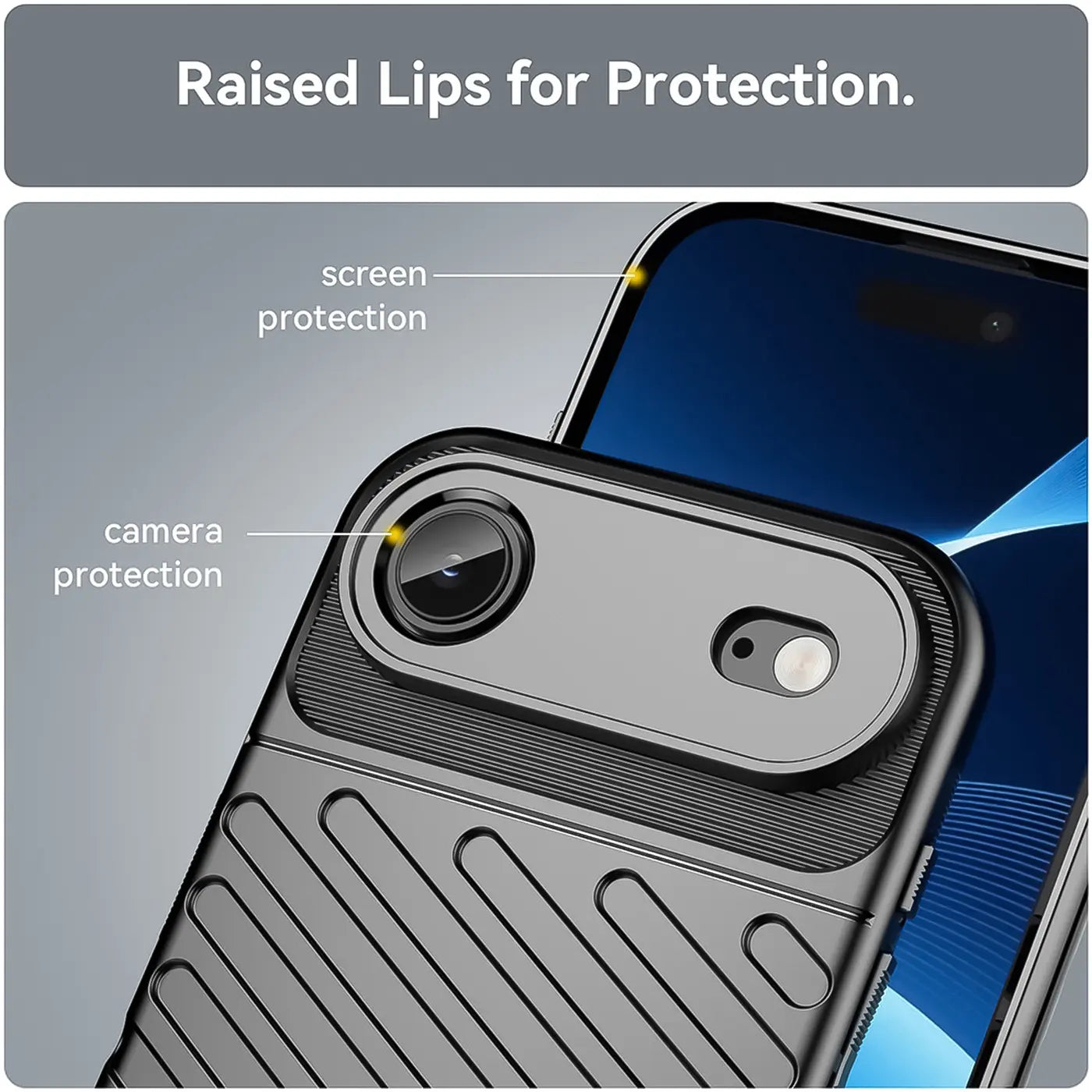 Graue Handyhülle aus Kunststoff, Nahaufnahme der Rückseite mit Kamera, iPhone 17 Air erkennbar.