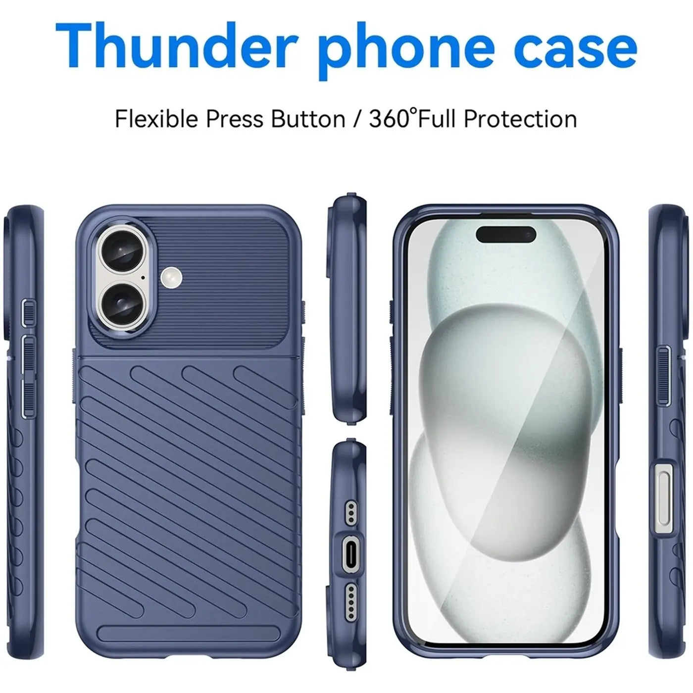 Dunkelblaue Handyhülle aus Kunststoff, verschiedene Ansichten, zeigt iPhone-Kameraöffnung.