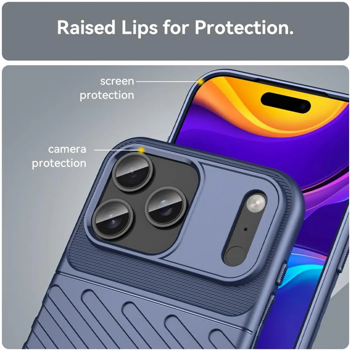 Blaue Hülle aus Kunststoff mit erhöhten Rändern schützt Kamera und Bildschirm eines iPhones.