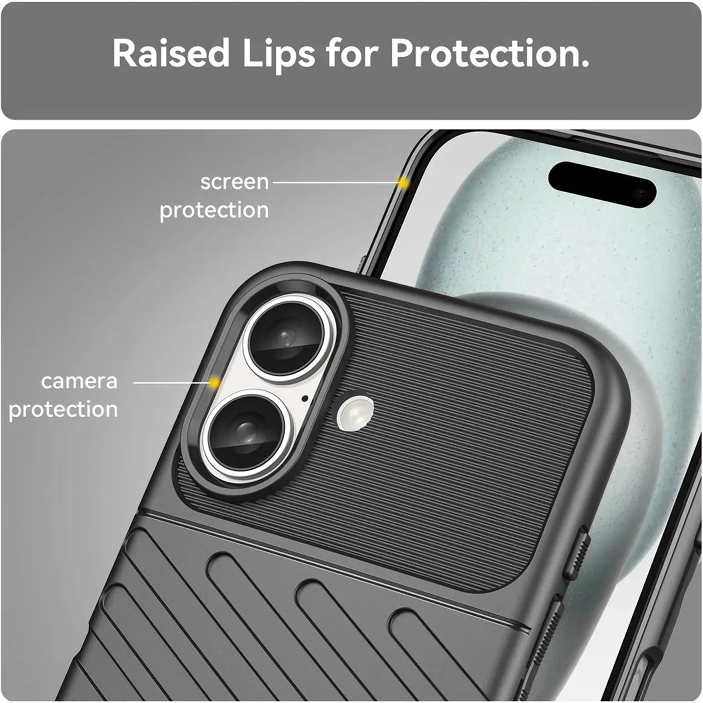 Schwarze Handyhülle aus Gummi, Nahaufnahme, zeigt Kamera- und Displayschutz für iPhone.