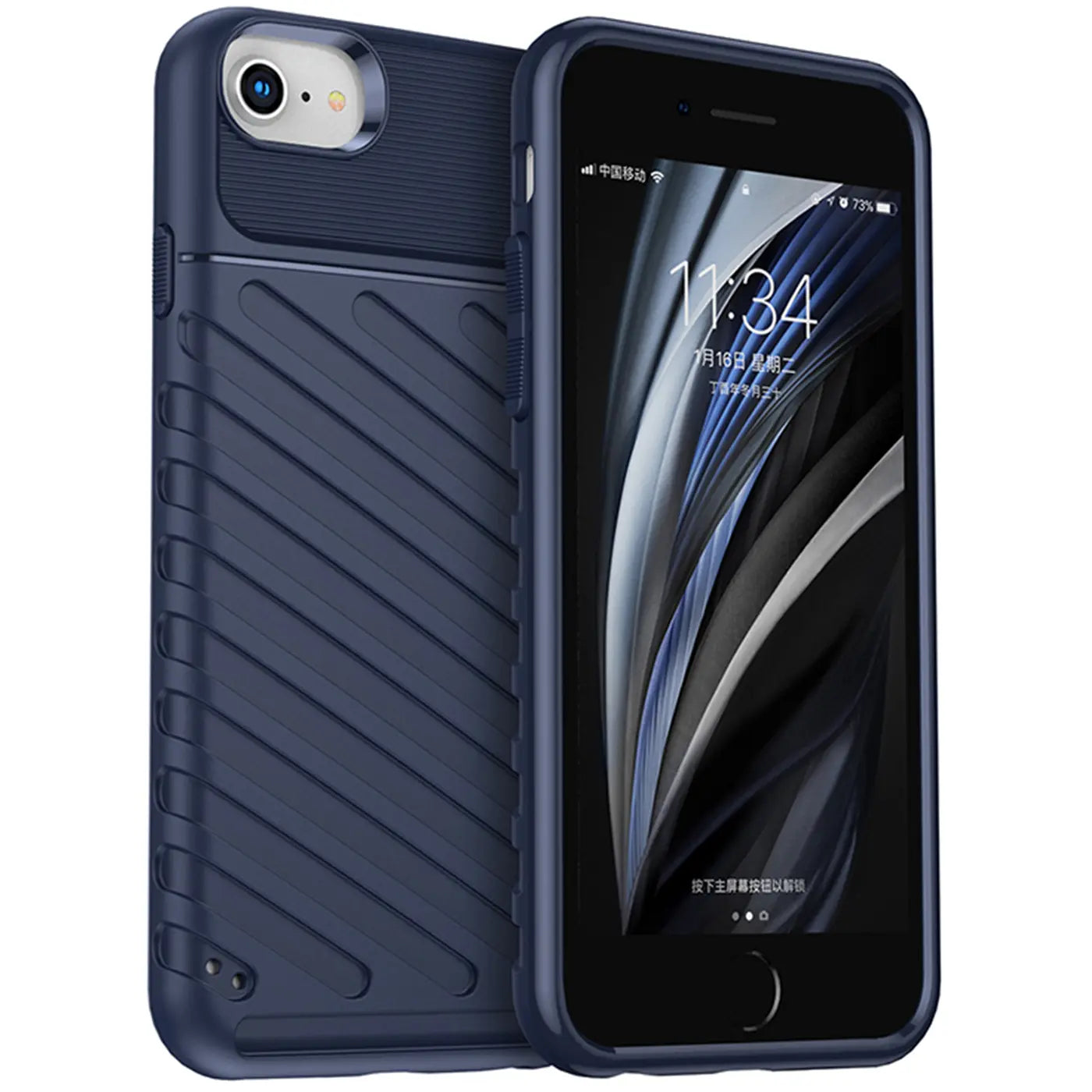 Dunkelblaue Handyhülle aus Kunststoff, schräg von vorne, zeigt iPhone 7/8/SE.