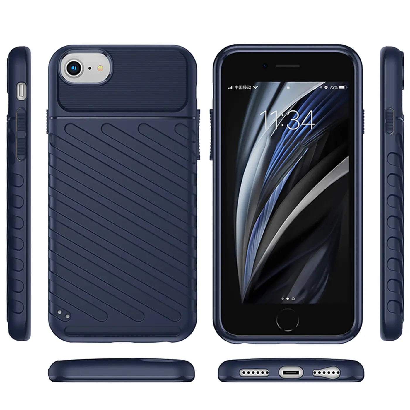 Dunkelblaue Handyhülle aus Kunststoff, von vorne, hinten, Seite, oben und unten, zeigt iPhone SE.