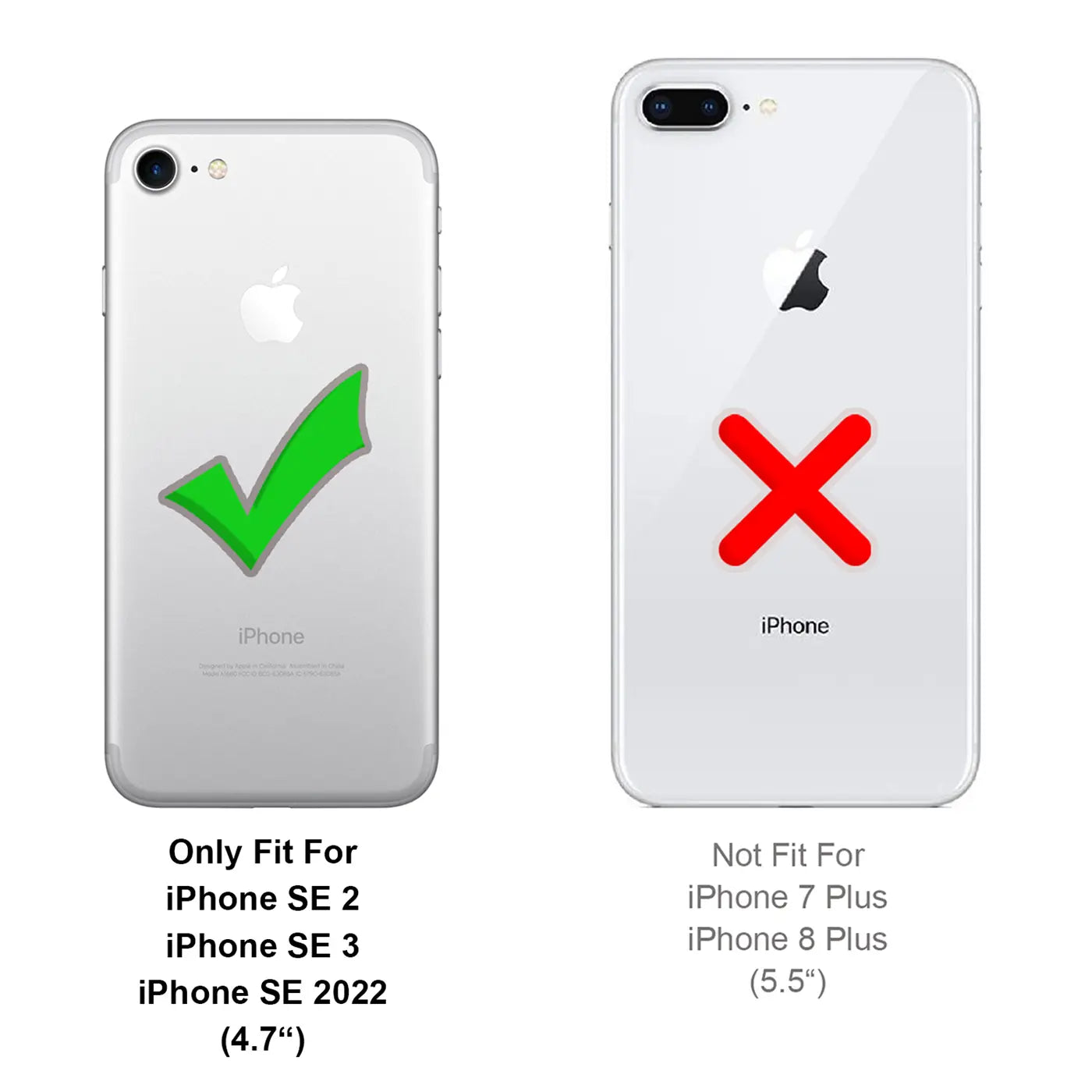 Zwei weiße iPhones, Rückansicht. Links mit grüner Häkchen, rechts mit rotem Kreuz.