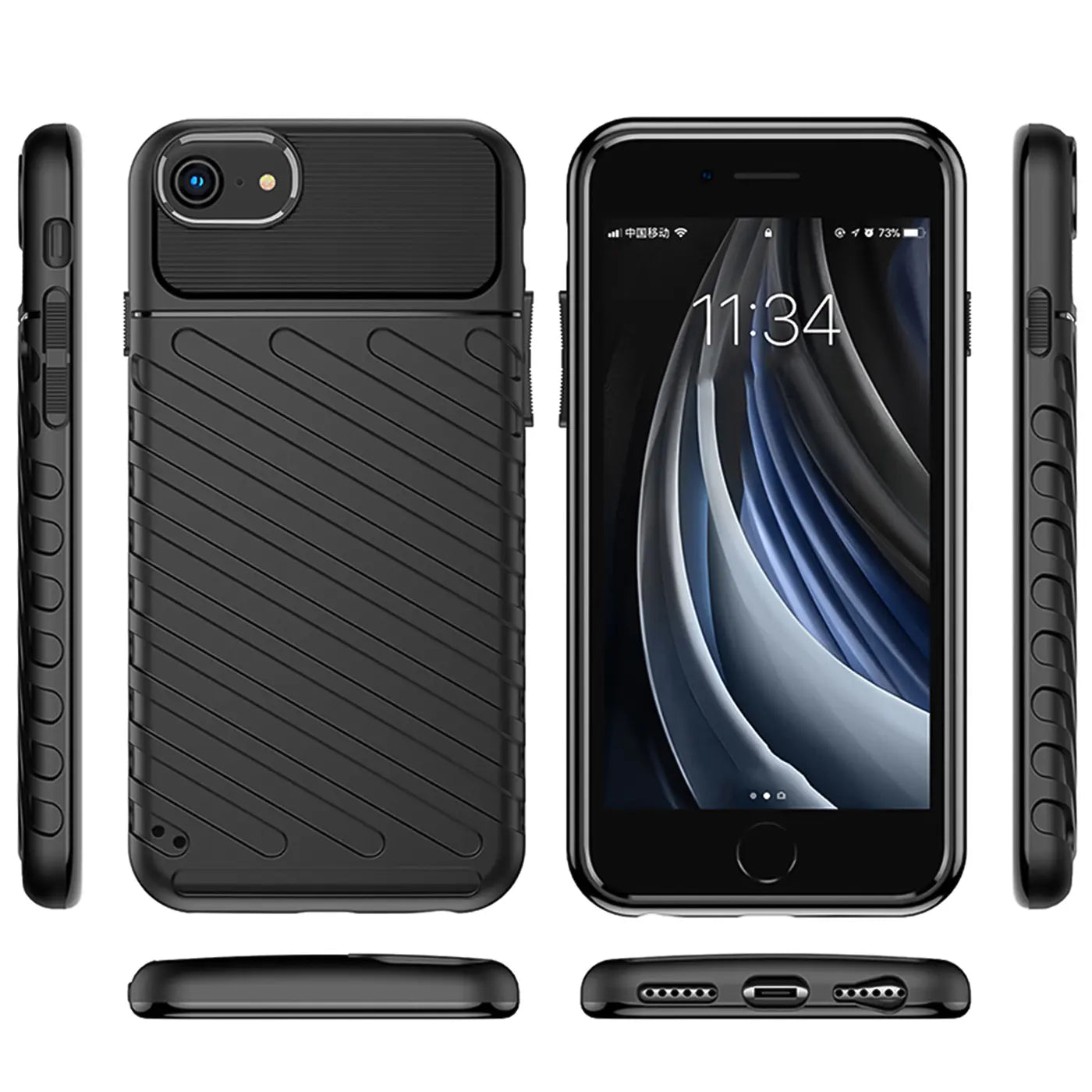 Schwarze Handyhülle aus Kunststoff, verschiedene Ansichten, mit iPhone SE (3. Gen.)