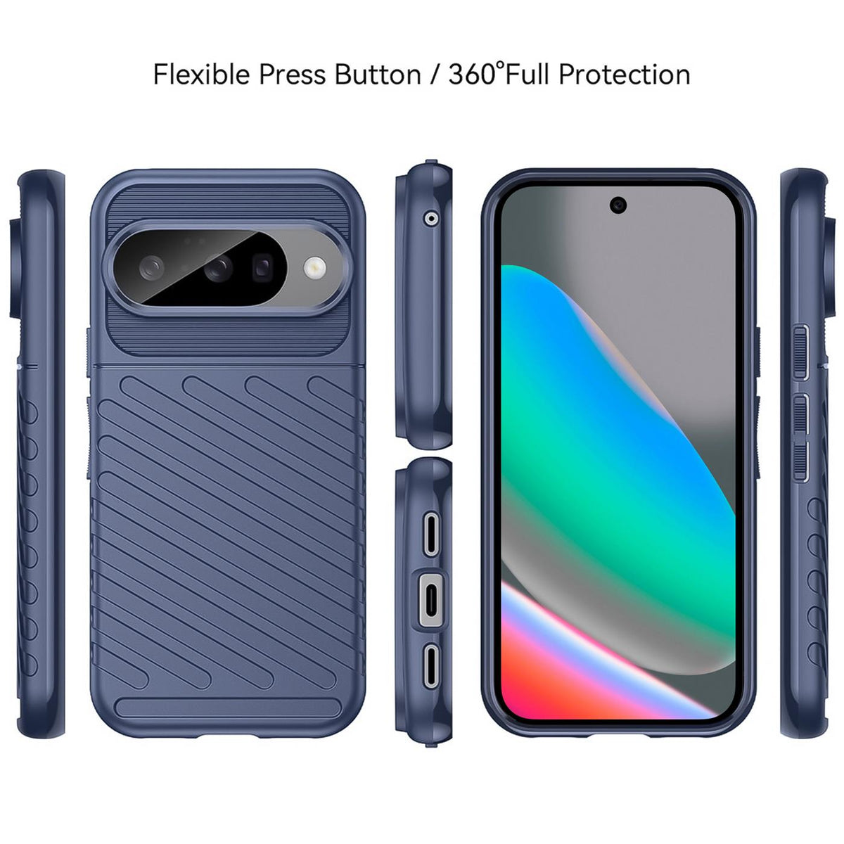Dunkelblaue stoßfeste Hülle für Google Pixel 10, aus verschiedenen Perspektiven gezeigt, mit strukturierter Rückseite und