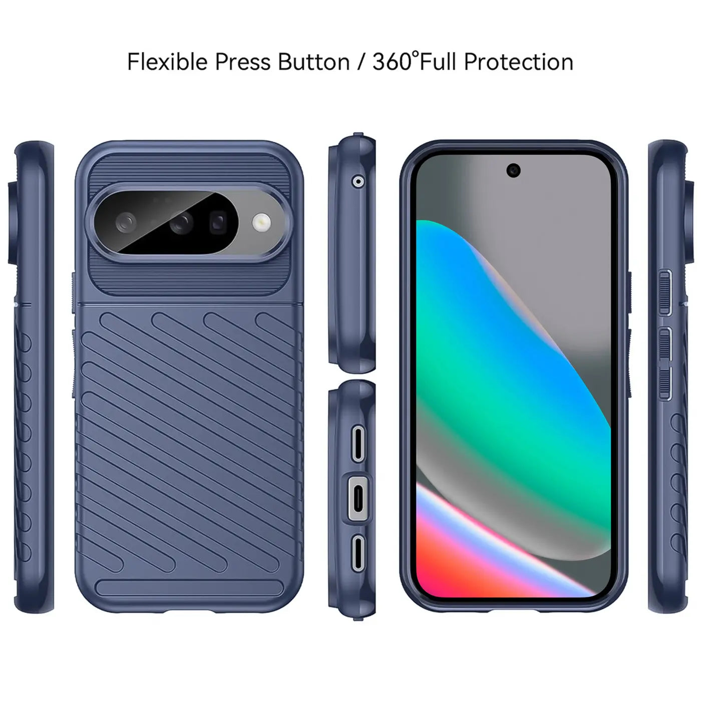 Blaue, stoßfeste TPU-Hülle für Google Pixel 10, von hinten, vorne und allen Seiten auf weißem Hintergrund.