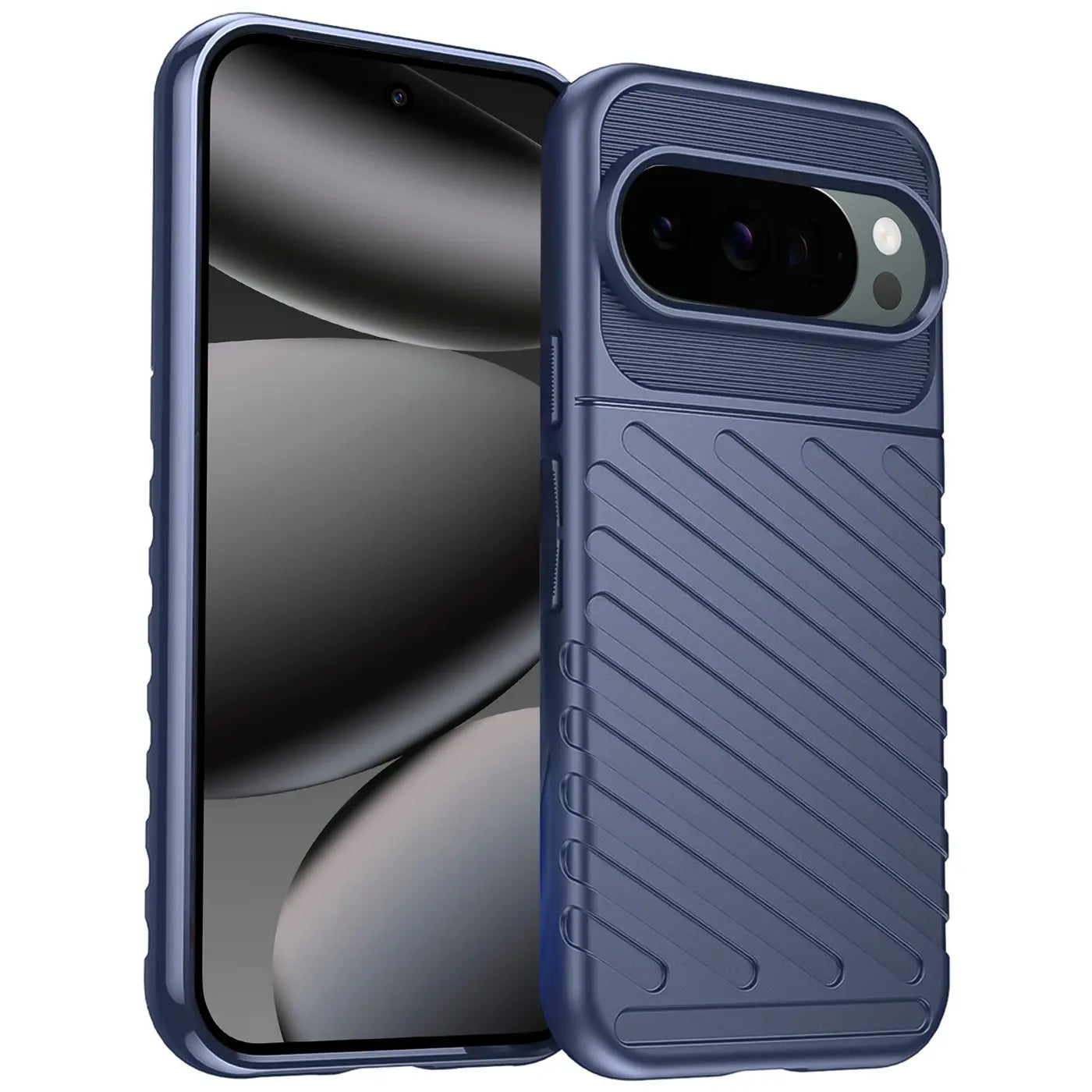 Dunkelblaue, stoßfeste Silikonhülle für Google Pixel 10 Pro, schräg von hinten rechts mit Displayansicht.