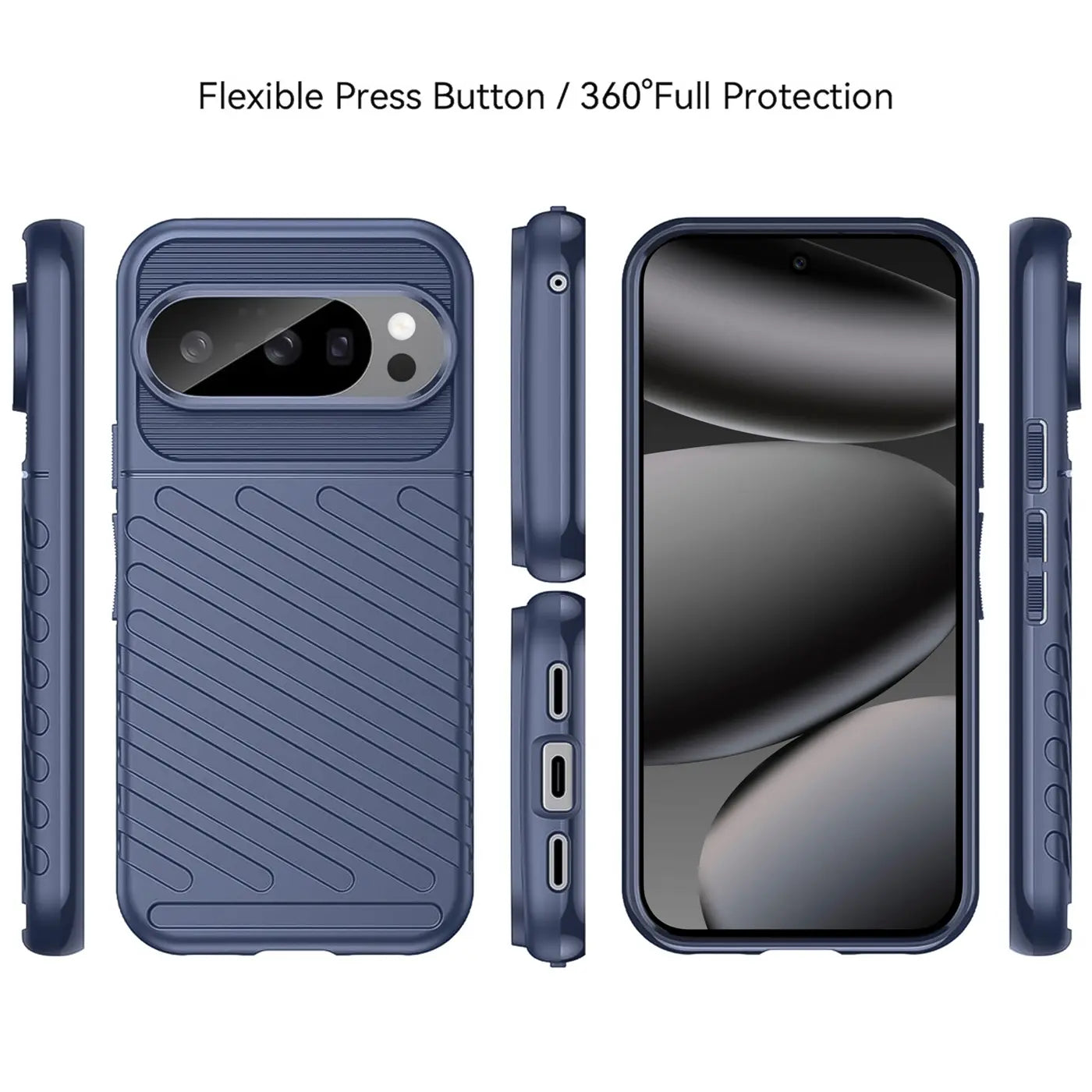 Blaue, stoßfeste TPU-Hülle für Google Pixel 10 Pro, in sechs Ansichten (Rückseite, Vorderseite, Seiten, oben, unten).
