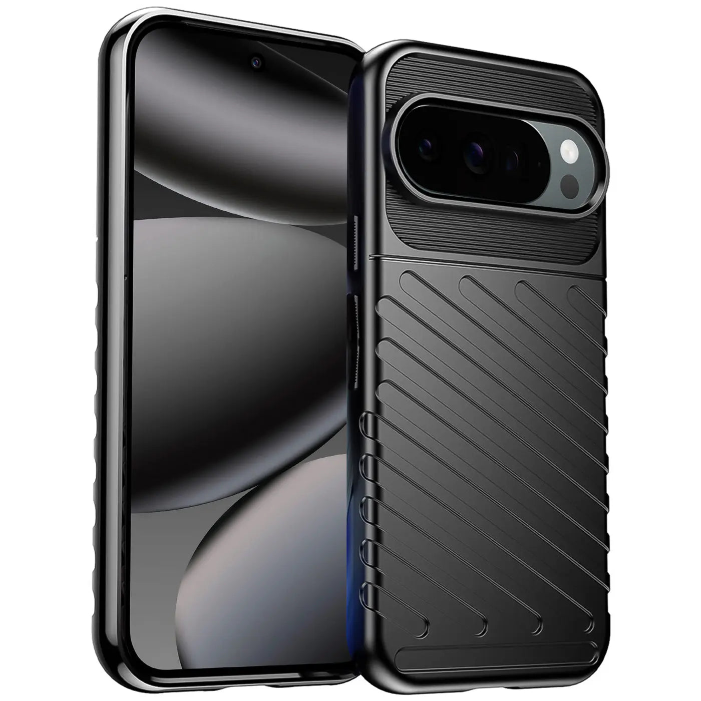 Schwarze, stoßfeste TPU-Hülle für Google Pixel 10 Pro, schräg von hinten rechts mit diagonalen Rillen.