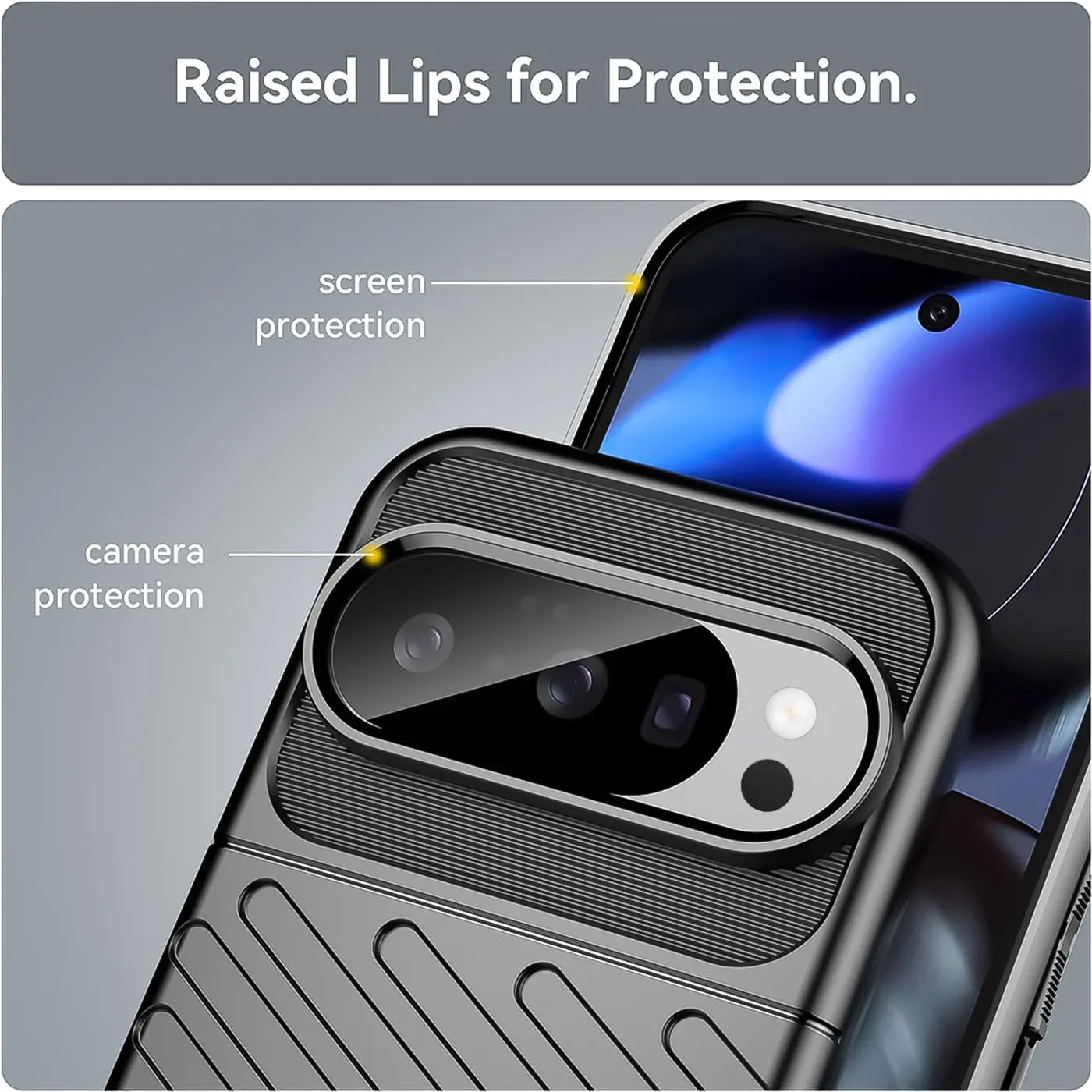 Schwarze, stoßfeste Handyhülle aus TPU für Google Pixel 10 Pro, schräg von oben. Erhöhte Ränder schützen Kamera und Display.