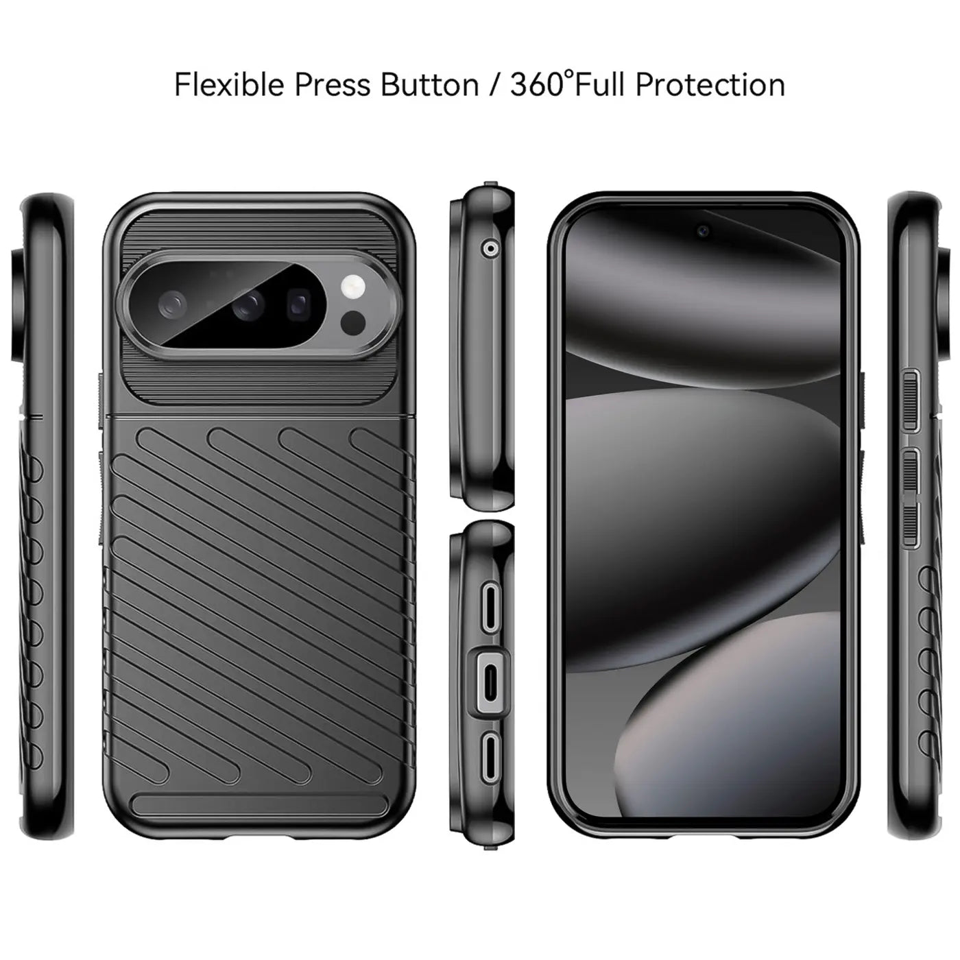 Schwarze, stoßfeste Silikonhülle für Google Pixel 10 Pro, gezeigt von hinten, vorne und von beiden Seiten.