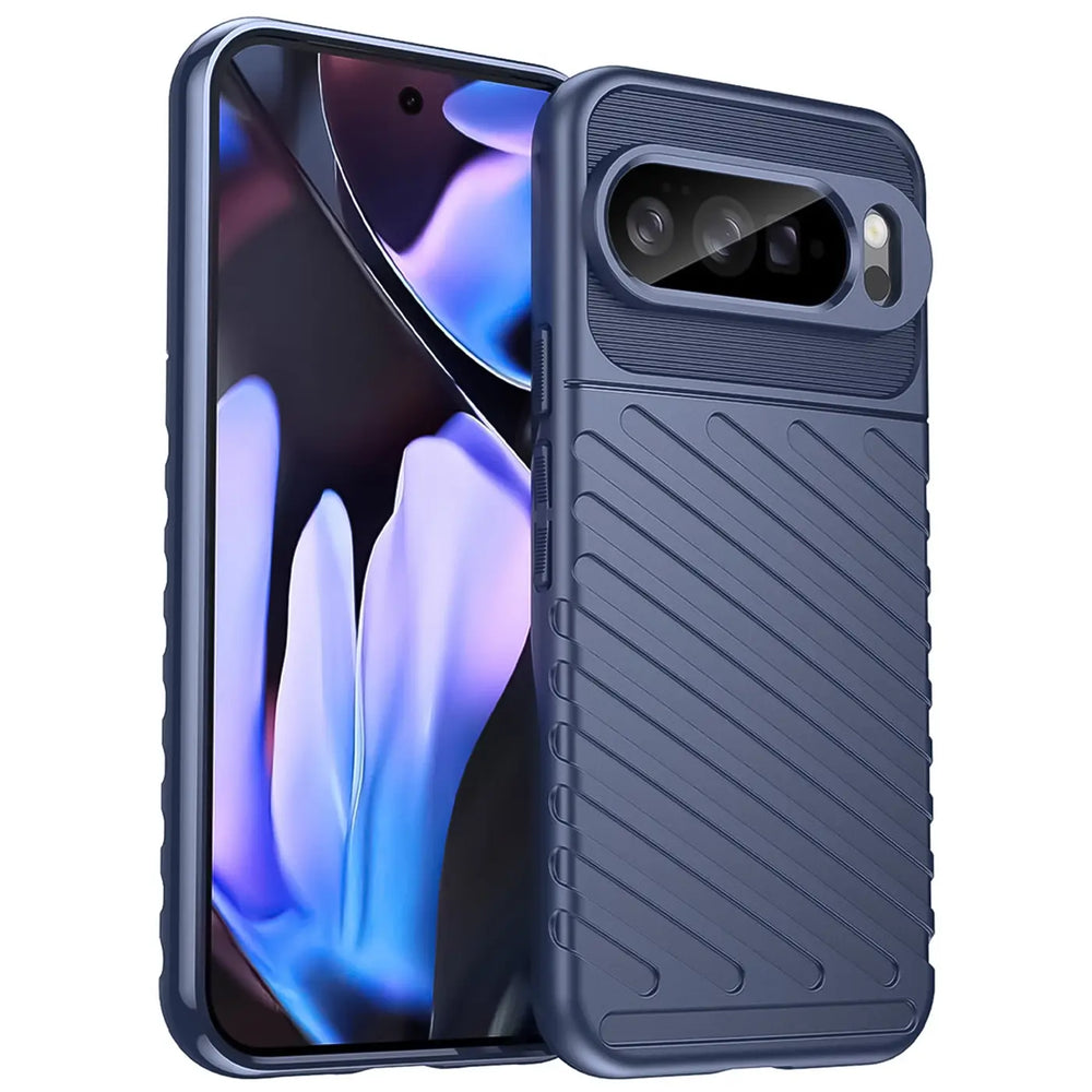 Dunkelblaue, stoßfeste Silikonhülle für Google Pixel 10 Pro XL, schräg von hinten rechts mit Displayansicht.