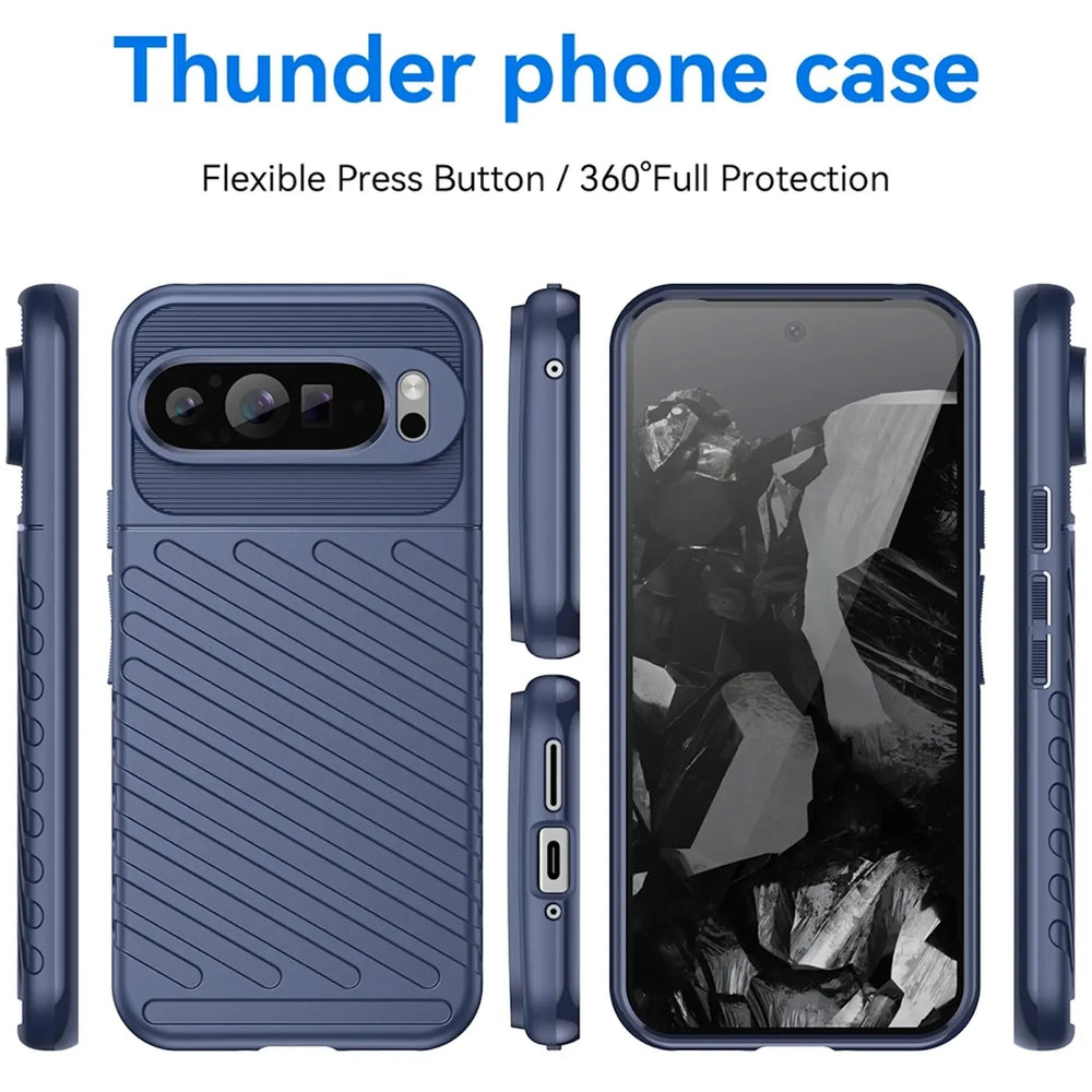 Dunkelblaue, stoßfeste Silikonhülle für Google Pixel 10 Pro XL, in verschiedenen Ansichten (Rückseite, Seiten, Vorderseite).