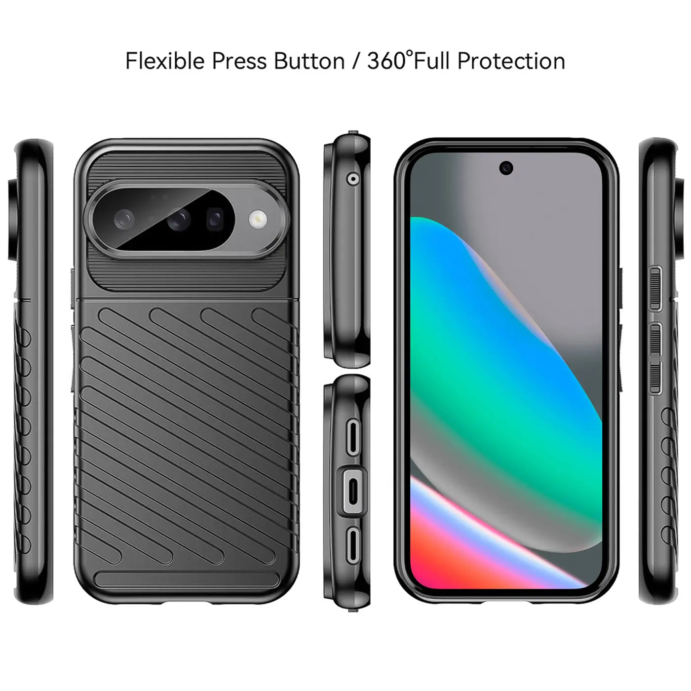 Schwarze, stoßfeste TPU-Hülle für Google Pixel 7, aus verschiedenen Perspektiven gezeigt.