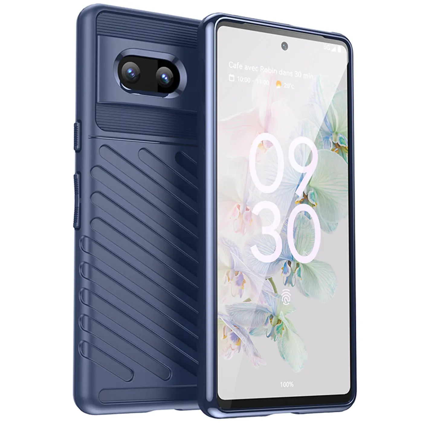 Dunkelblaue, stoßfeste Silikonhülle für Google Pixel 7, schräg von vorne und hinten gezeigt, mit Rillenmuster.