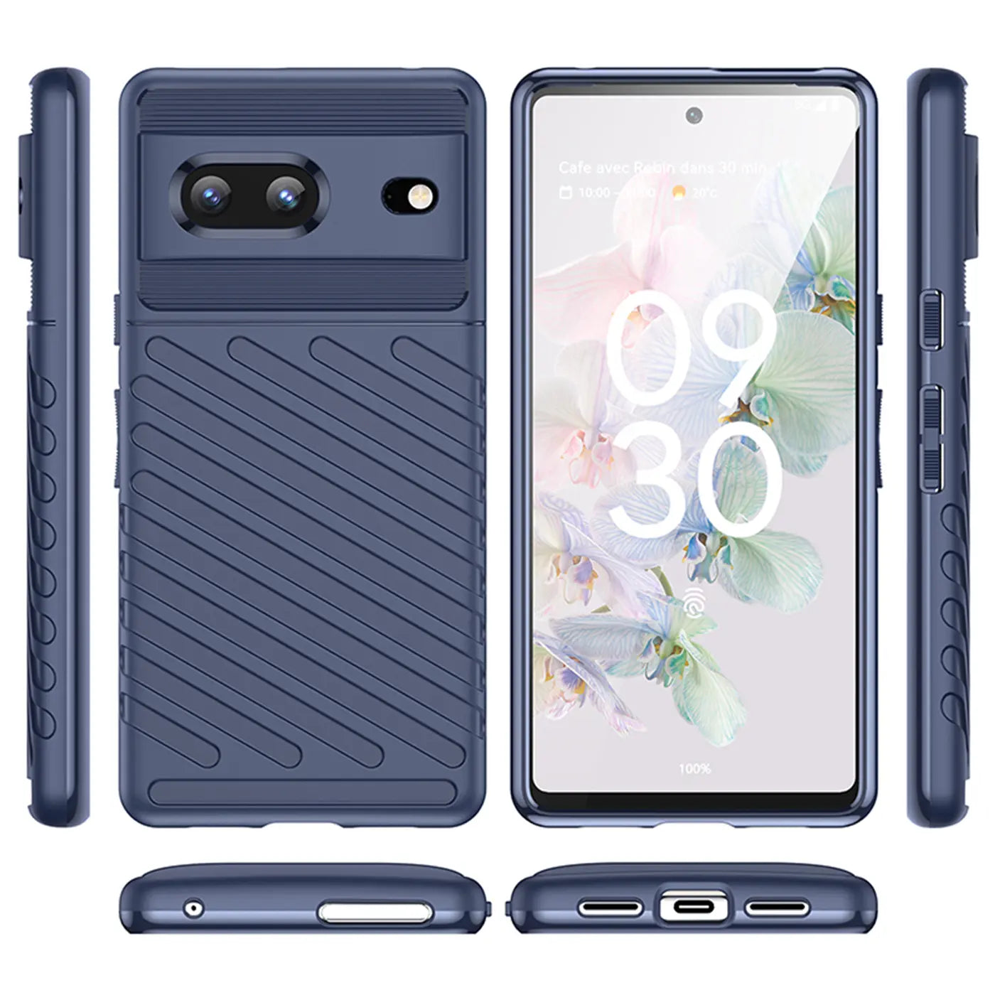 Blaue, stoßfeste Silikonhülle für Google Pixel 7, von allen Seiten und Winkeln auf weißem Hintergrund.