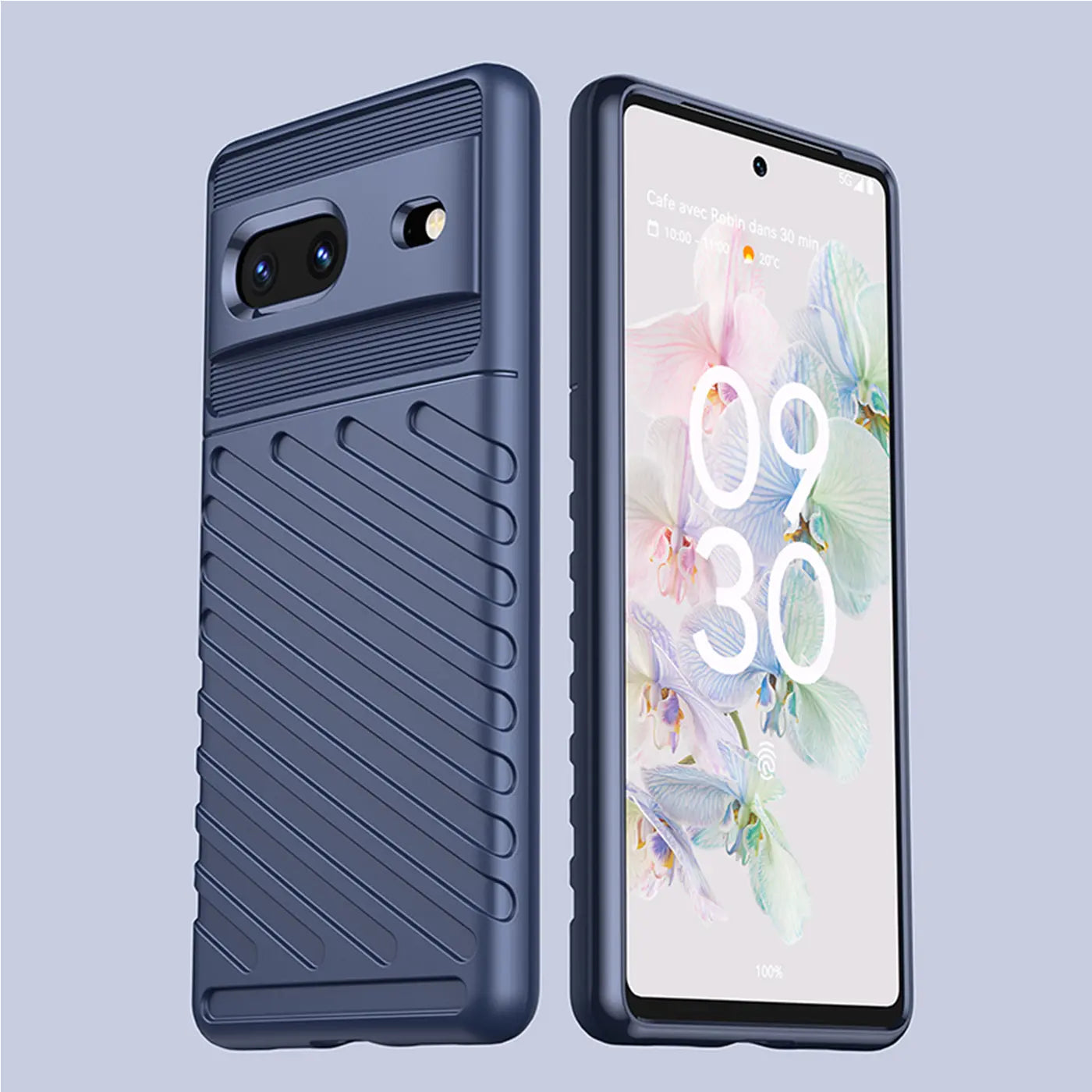Dunkelblaue, stoßfeste TPU-Hülle für Google Pixel 7, Rückseite mit diagonalen Rillen, Frontansicht des Displays.