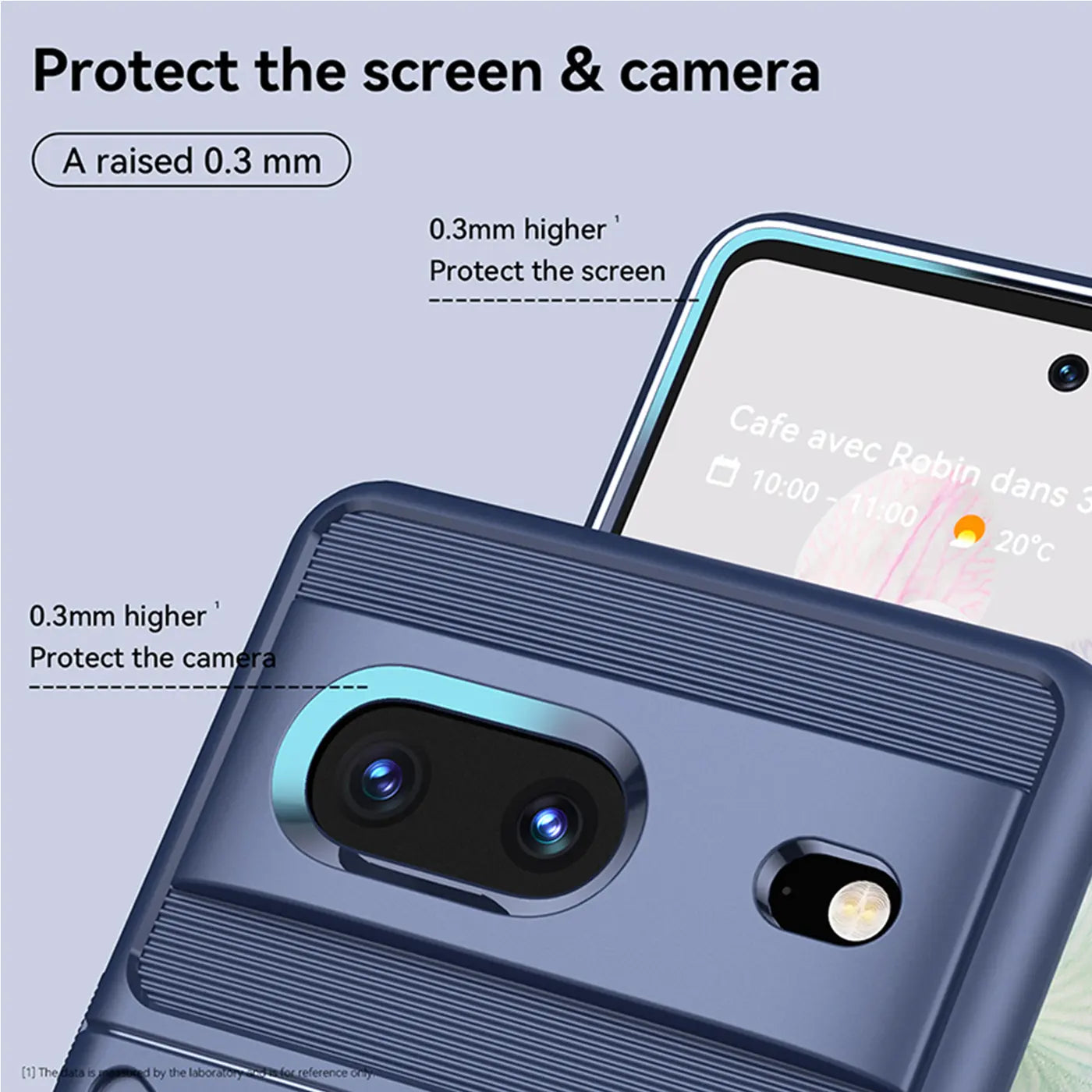 Nahaufnahme eines blauen, stoßfesten Google Pixel 7-Gehäuses aus TPU/Silikon, das Bildschirm und Kamera schützt.