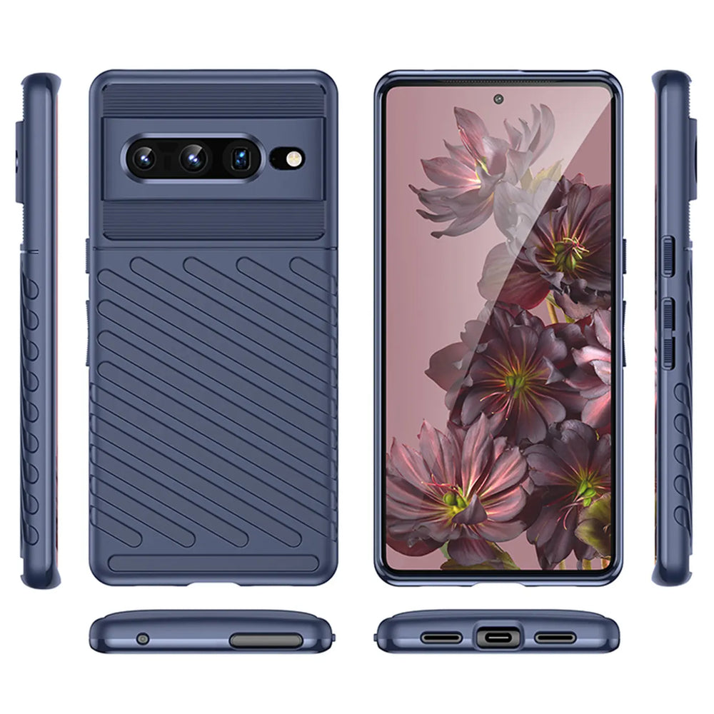 Dunkelblaue, stoßfeste TPU-Hülle für Google Pixel 7 Pro, von allen Seiten und Winkeln auf weißem Hintergrund.