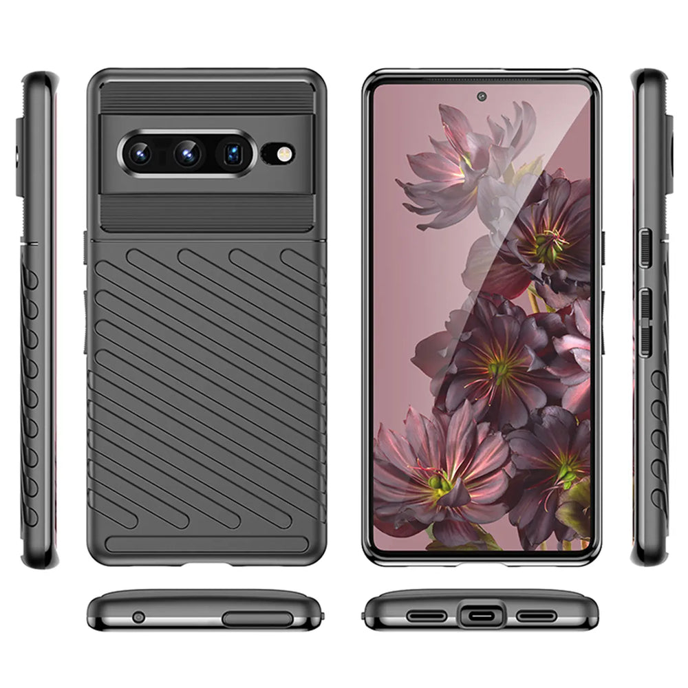 Dunkelgraue, stoßfeste Silikonhülle für Google Pixel 7 Pro, von allen Seiten und Winkeln gezeigt.