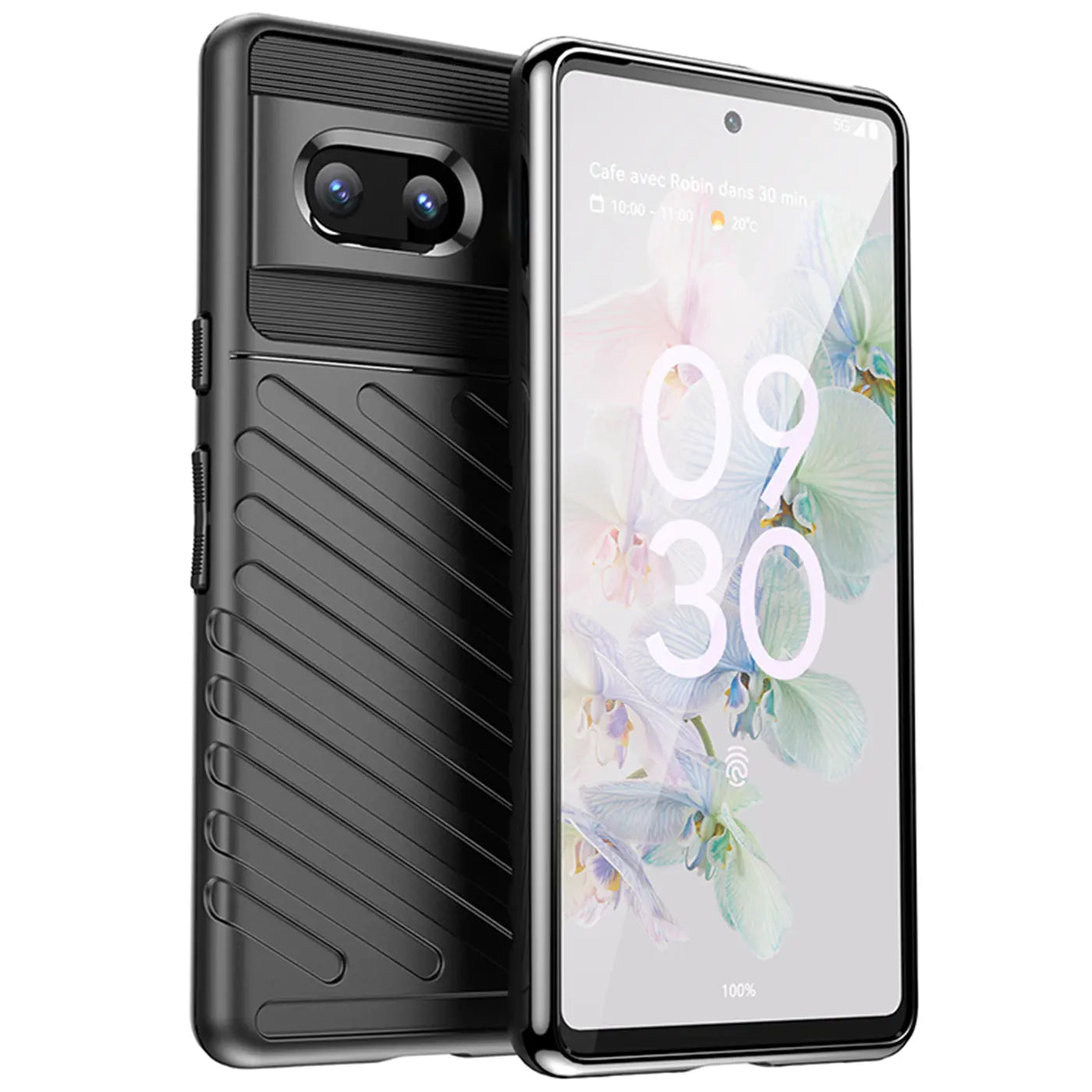Schwarze, stoßfeste Silikonhülle für Google Pixel 7, schräg von hinten links und frontal von vorne rechts gezeigt.