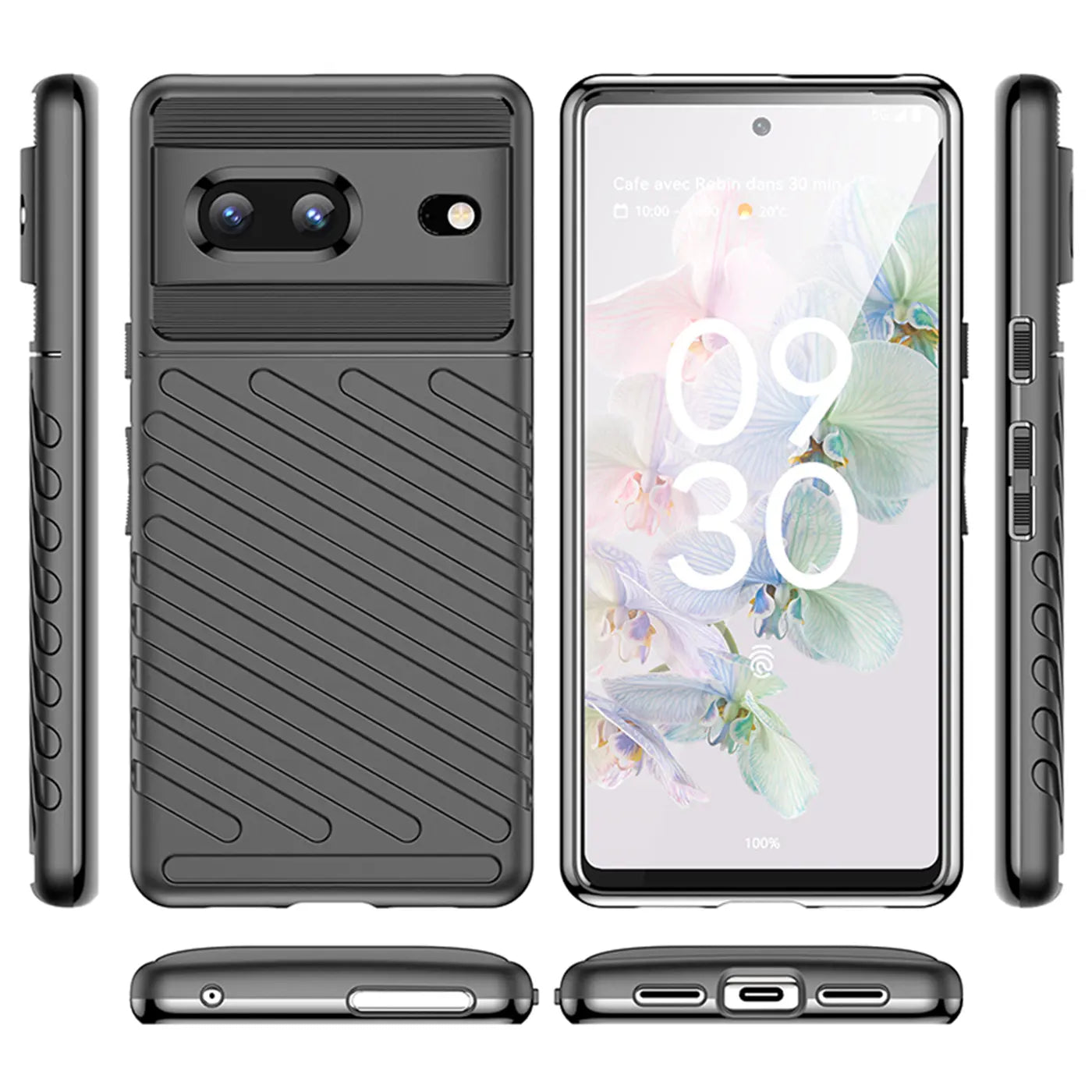 Dunkelgraue, stoßfeste Silikonhülle für Google Pixel 7, von allen Seiten und Winkeln gezeigt.