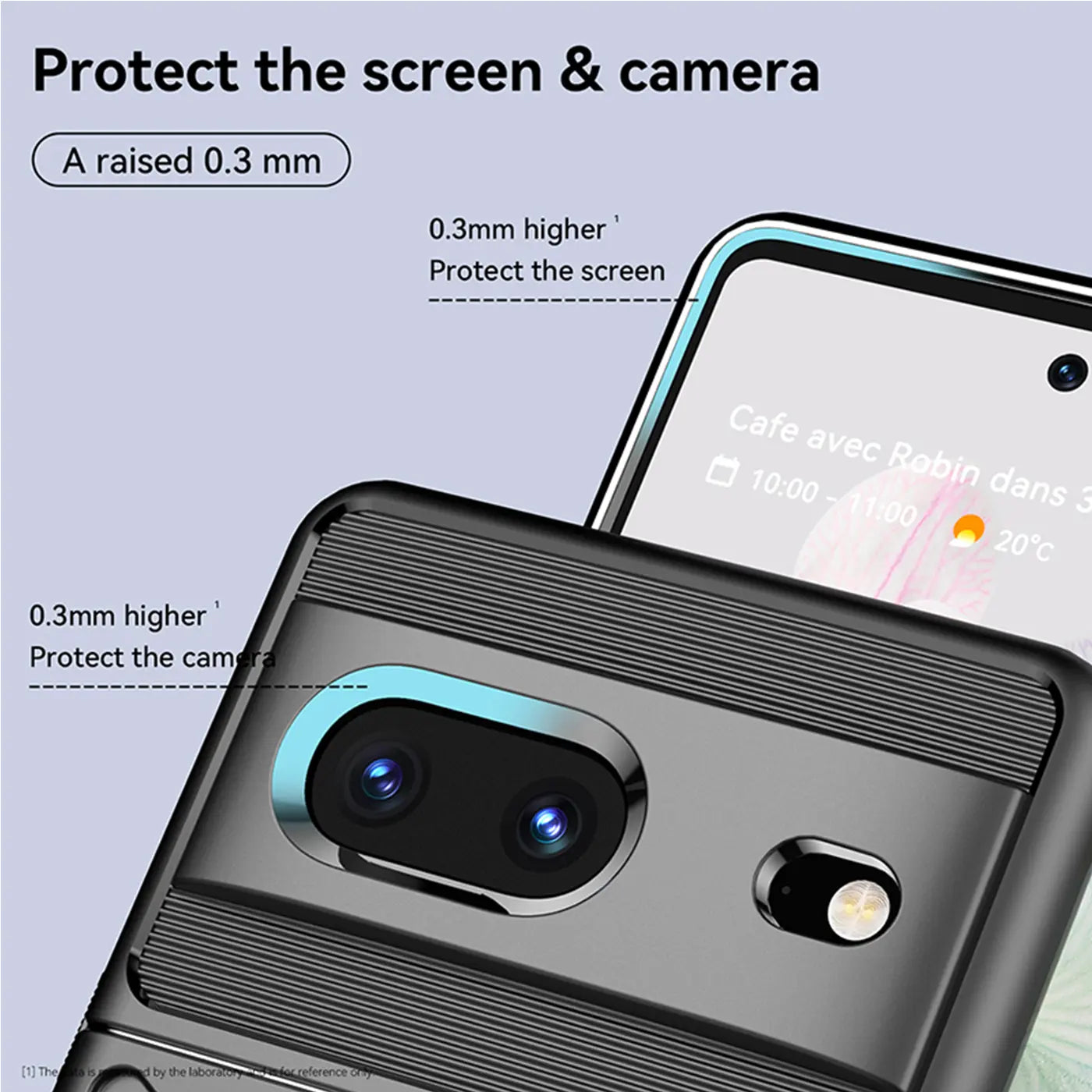 Nahaufnahme einer schwarzen, stoßfesten Hülle aus Kunststoff für das Google Pixel 7, mit erhöhten Rändern um Display und.