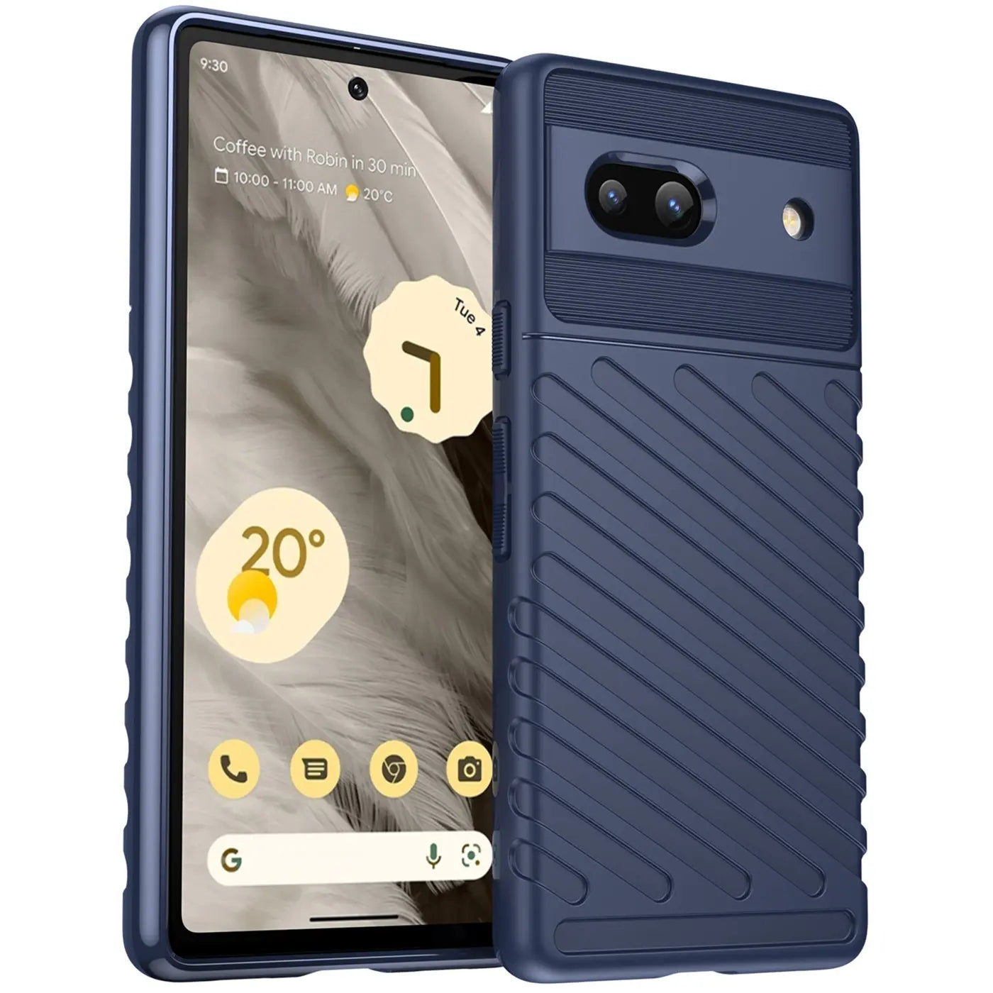 Dunkelblaue, stoßfeste Silikonhülle für Google Pixel 7a, schräg von hinten rechts, Display links sichtbar.