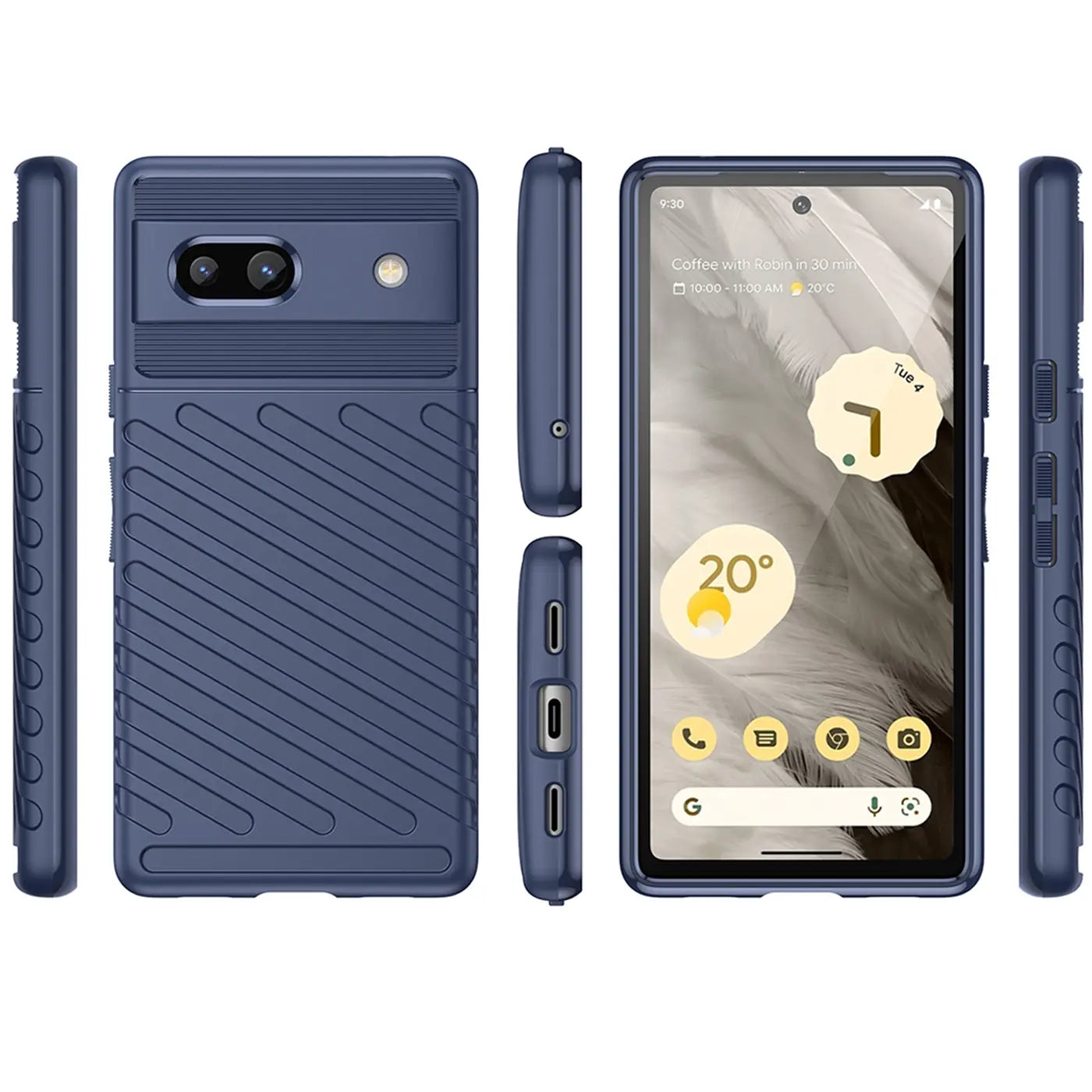 Dunkelblaue, stoßfeste Silikonhülle für Google Pixel 7a, aus mehreren Perspektiven auf weißem Hintergrund.