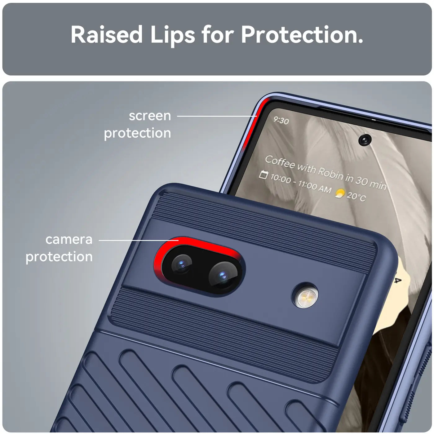 Dunkelblaue, stoßfeste Silikonhülle für Google Pixel 7a, schräg von hinten oben, mit erhöhten Rändern für Kamera- und.