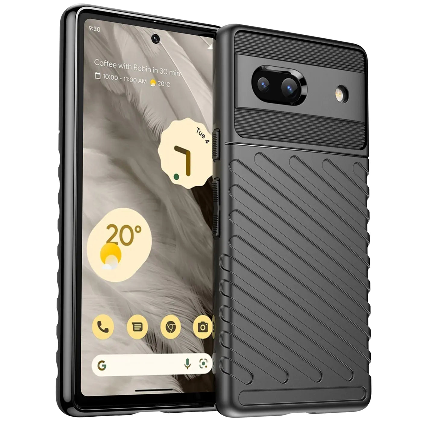 Schwarze, stoßfeste TPU-Hülle für Google Pixel 7a, schräg von hinten rechts, mit strukturiertem Muster.