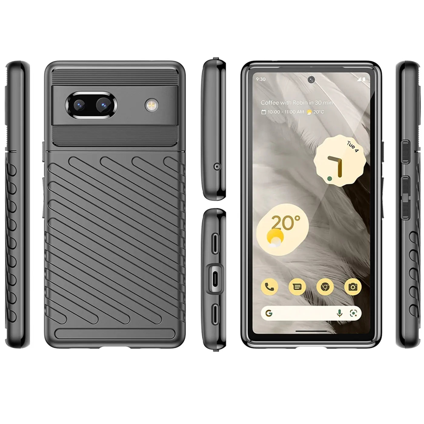 Graue, stoßfeste TPU-Hülle für Google Pixel 7a, aus verschiedenen Perspektiven (Rückseite, Seiten, Vorderseite).