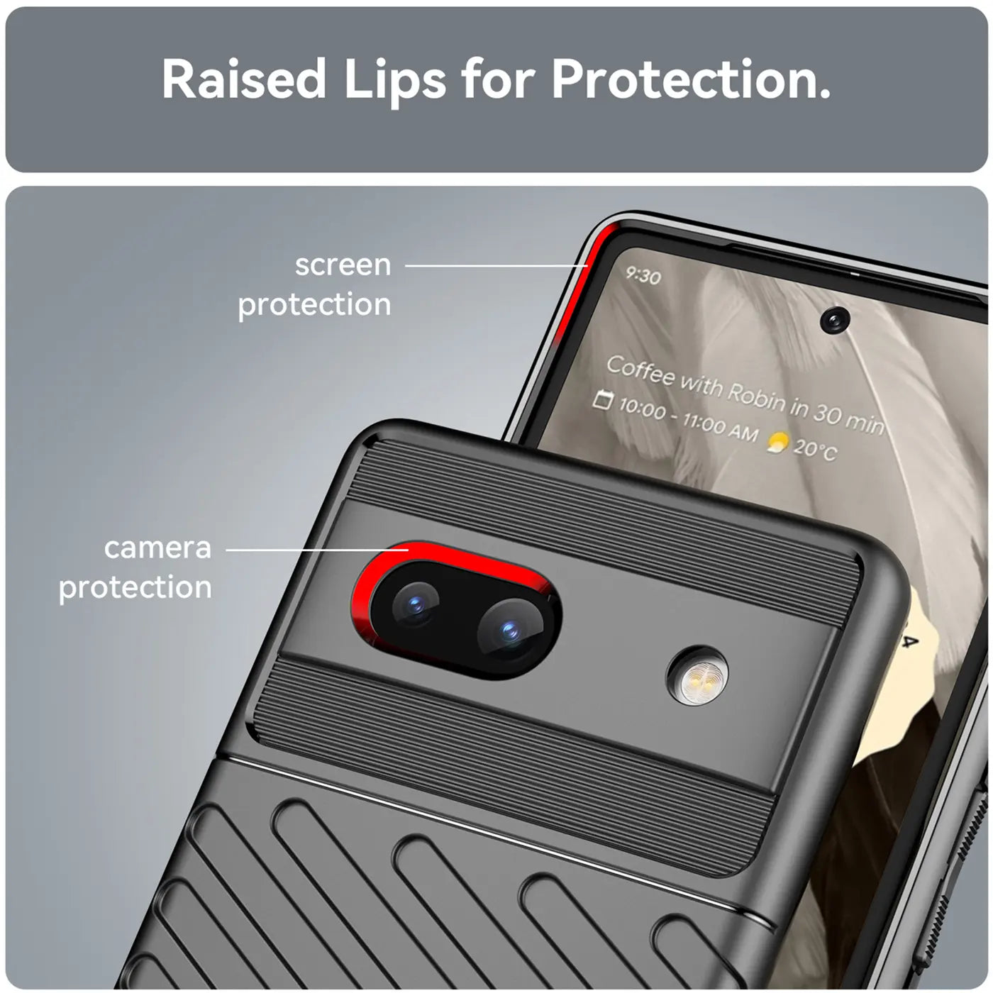 Nahaufnahme einer schwarzen, stoßfesten Google Pixel 7a Hülle aus TPU/Silikon mit erhöhten Rändern für Kamera- und.