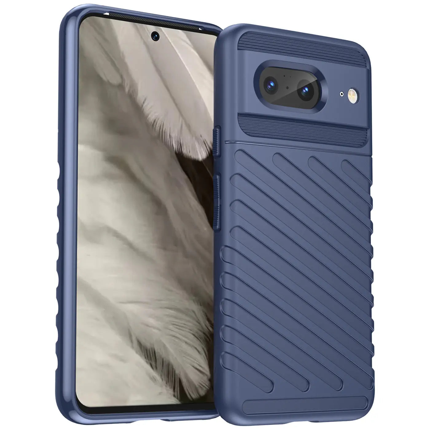 Dunkelblaue, stoßfeste Silikonhülle für Google Pixel 8, leicht schräg von vorne rechts mit strukturierter Rückseite.