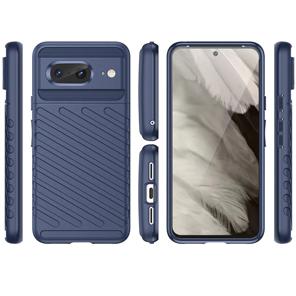 Dunkelblaue, stoßfeste Silikonhülle für Google Pixel 8, in verschiedenen Ansichten (Rückseite, Vorderseite, Seiten).