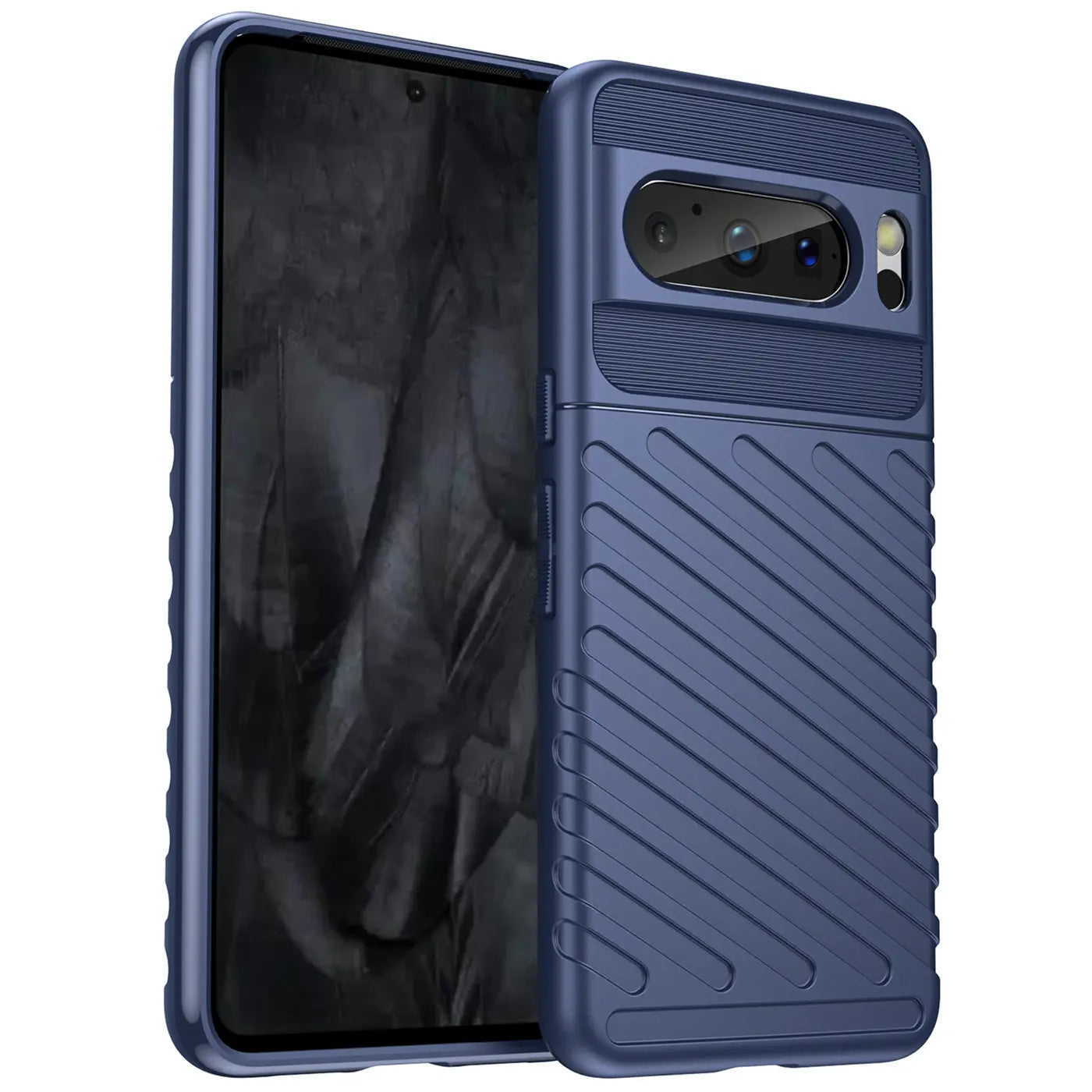 Blaues, stoßfestes TPU-Case für Google Pixel 8 Pro, schräg von hinten rechts mit leicht sichtbarem Display.