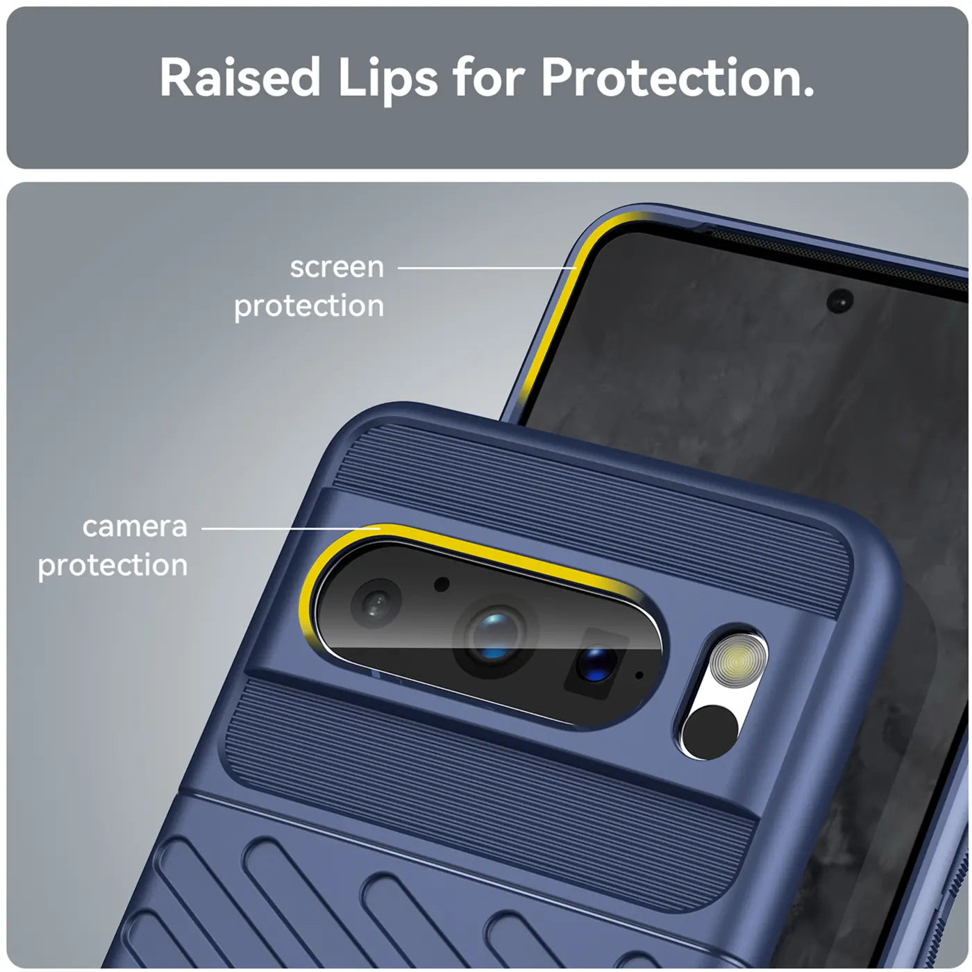 Dunkelblaue, stoßfeste TPU-Hülle für Google Pixel 8 Pro, schräg von oben. Erhöhte Ränder schützen Kamera und Display.