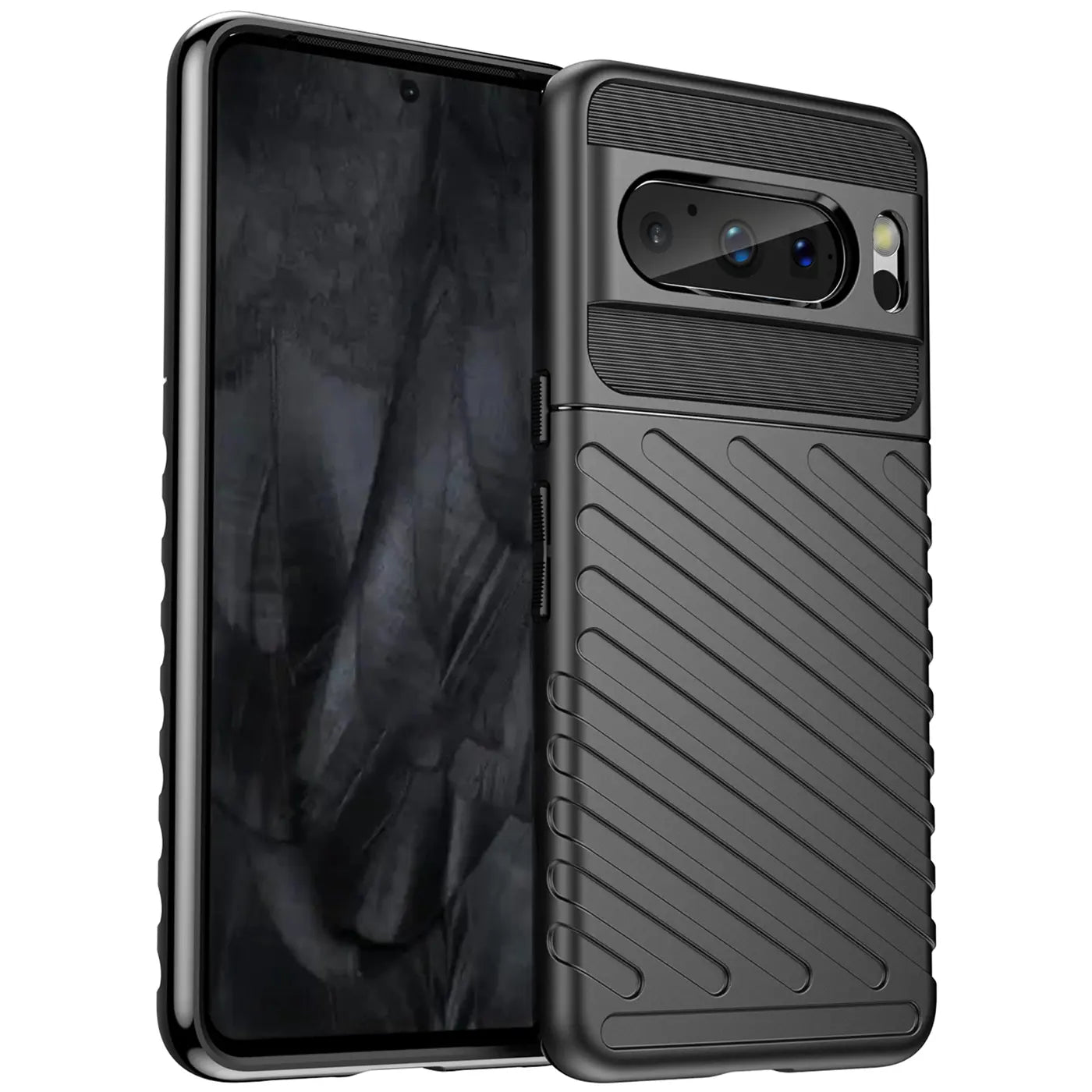 Schwarze, stoßfeste TPU-Hülle für Google Pixel 8 Pro, schräg von hinten rechts mit Kameraausschnitt.