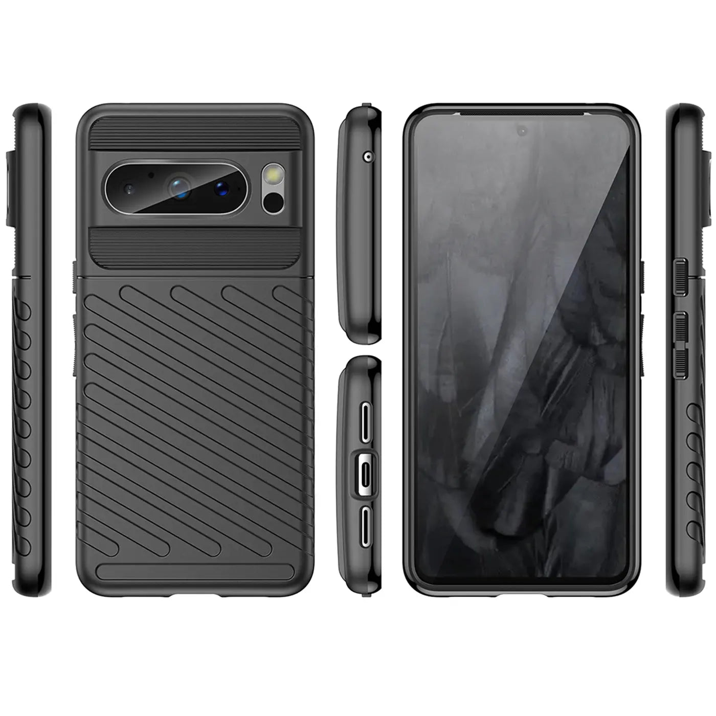 Schwarze, stoßfeste TPU-Hülle für Google Pixel 8 Pro, in sechs Ansichten (Rückseite, Vorderseite, Seiten, oben, unten).