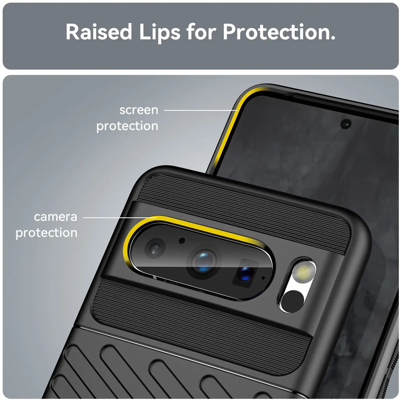 Schwarze, stoßfeste Hülle für Google Pixel 8 Pro, schräg von oben. Erhöhte Ränder in Gelb schützen Kamera und Display.