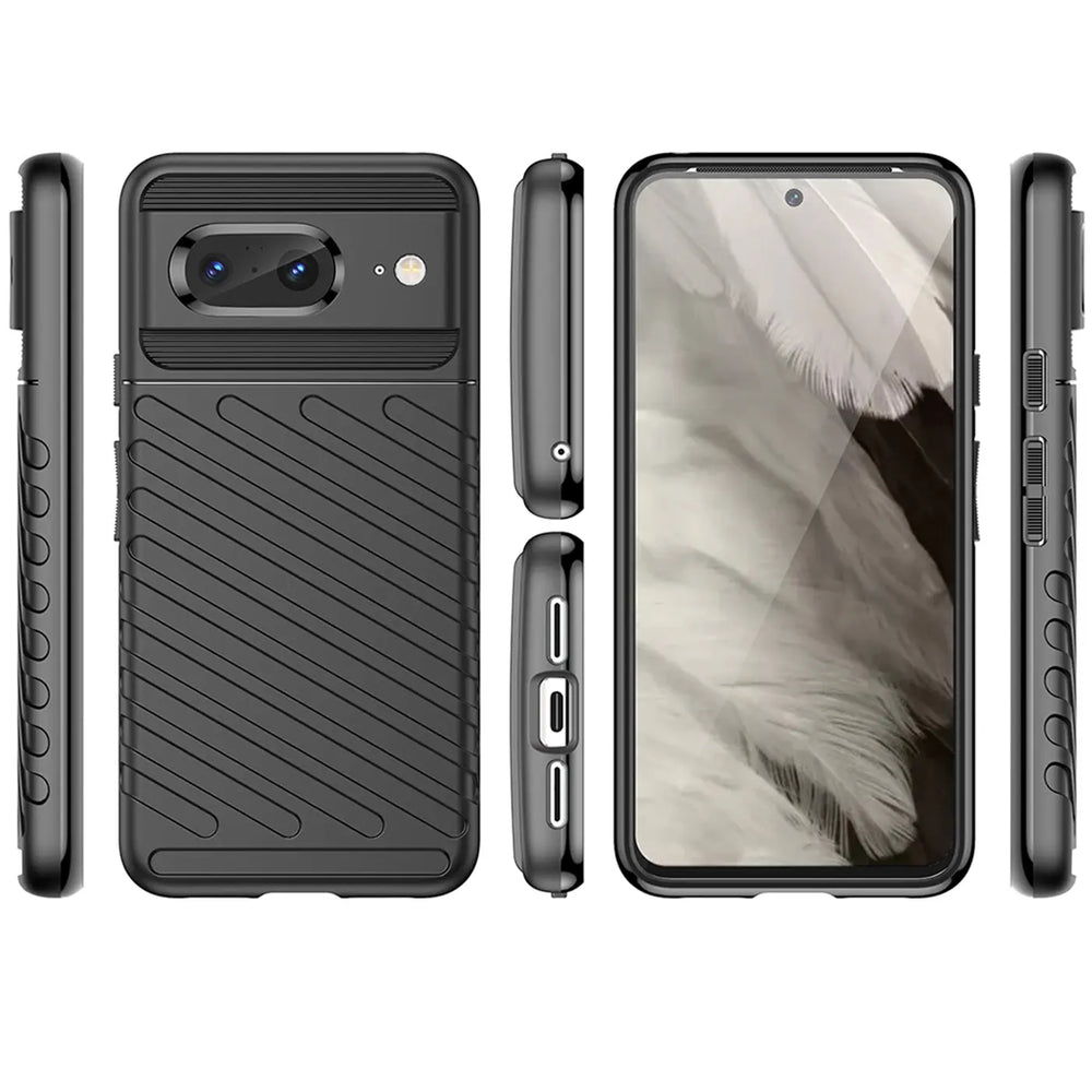 Schwarze, stoßfeste Silikonhülle für Google Pixel 8, gezeigt in 6 Ansichten: Rückseite, Seiten, Ober-/Unterseite.