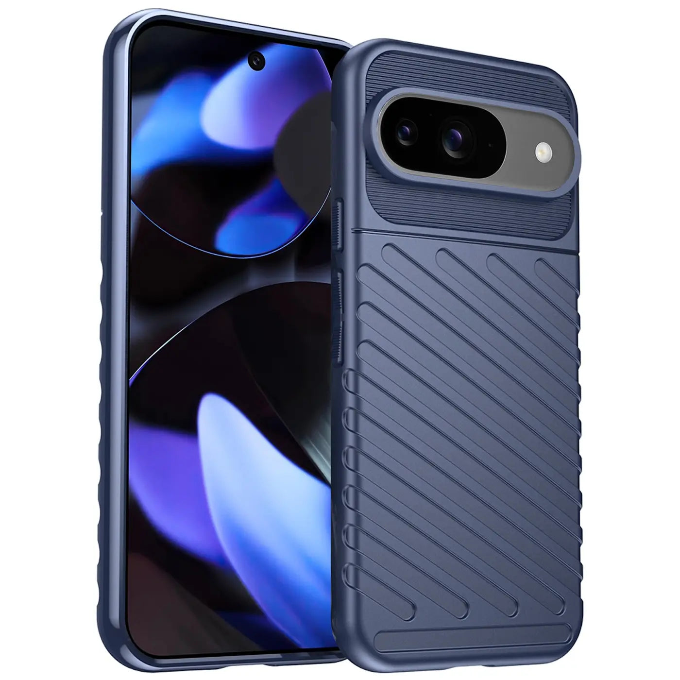 Dunkelblaue, stoßfeste Silikonhülle für Google Pixel 9, schräg von hinten rechts mit diagonalen Rillen.