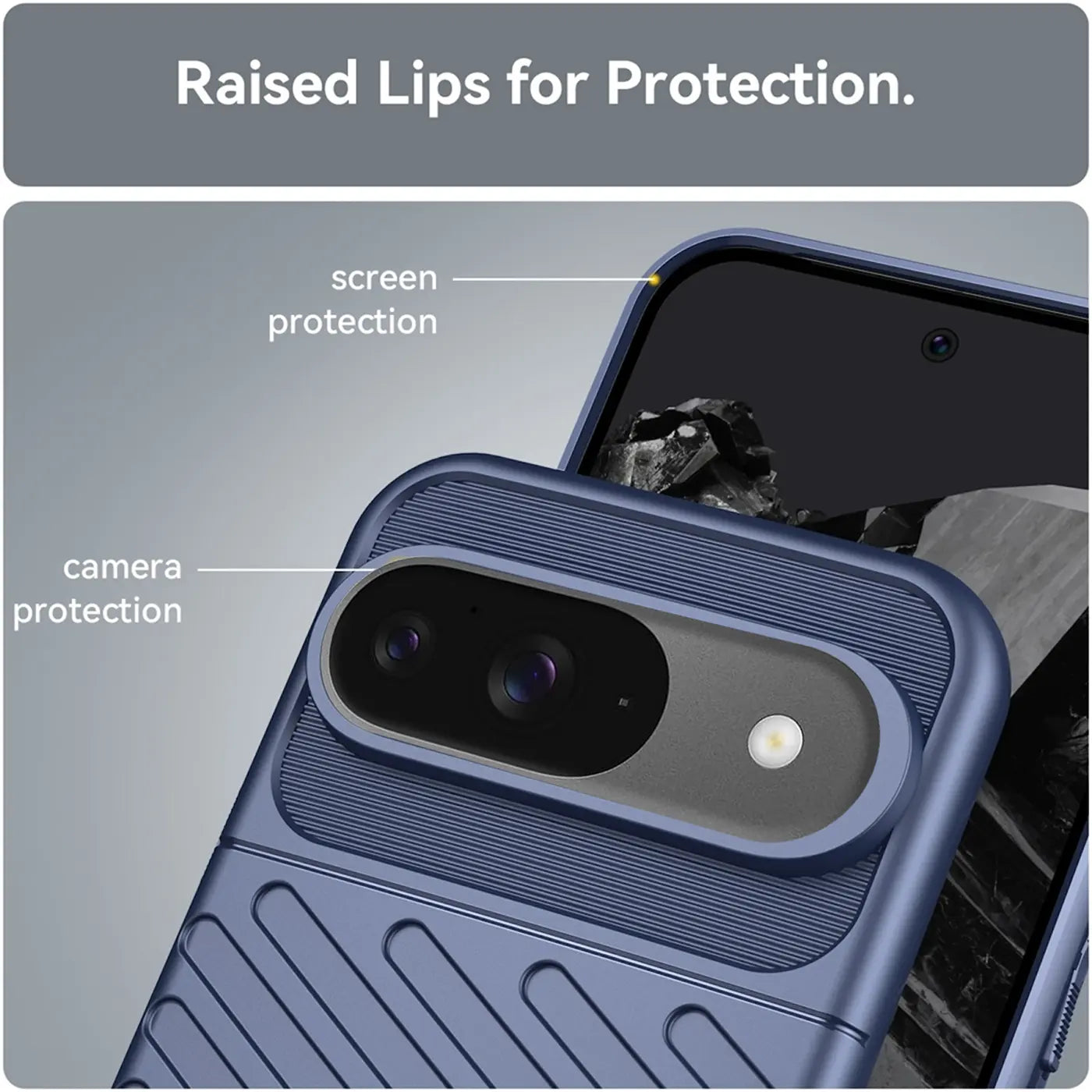 Blaue, stoßfeste Google Pixel 9 Hülle aus Kunststoff, schräg von oben. Erhöhte Ränder schützen Display und Kamera.